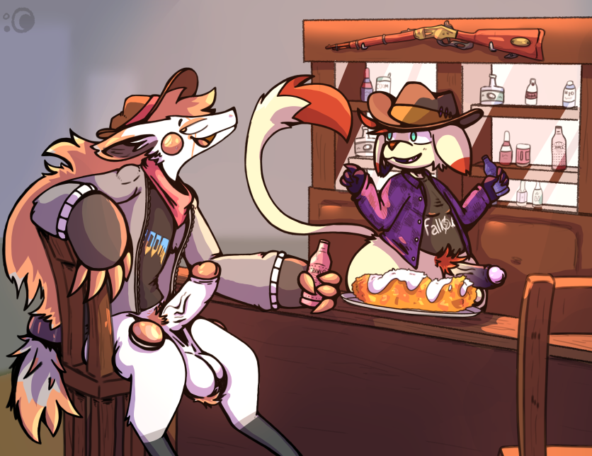 anthro bar bawls bino_(zoroark) casual_erection casual_exposure clothing country cowboy_hat doom_(series) duo erection fallout flannel generation_1_pokemon generation_5_pokemon hat headgear headwear id_software kai_mew-(character) legendary_pokemon male male/male mew_(pokemon) microsoft nintendo pokemon pokemon_(species) pubes smug unusualmoondemon zoroark