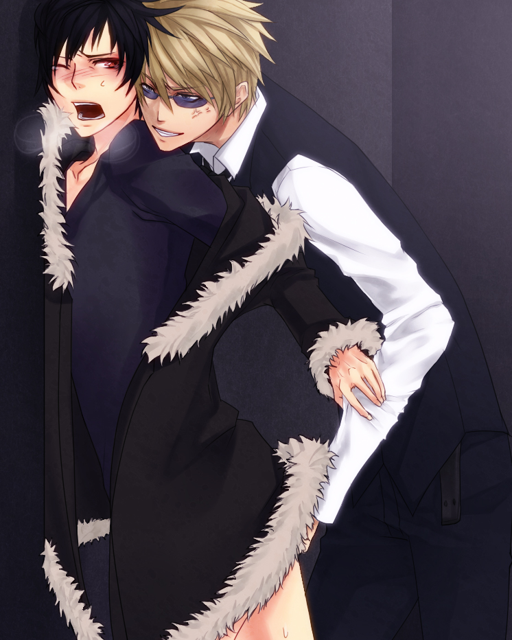 2boys against_wall anal_fingering angry artist_request belt black_hair blonde_hair blush bottomless duo durarara!! fingering fur_trim glasses heiwajima_shizuo jacket looking_over_eyewear looking_over_glasses looking_over_sunglasses male multiple_boys orihara_izaya panting sunglasses tinted_eyewear undressing vest white_shirt yaoi