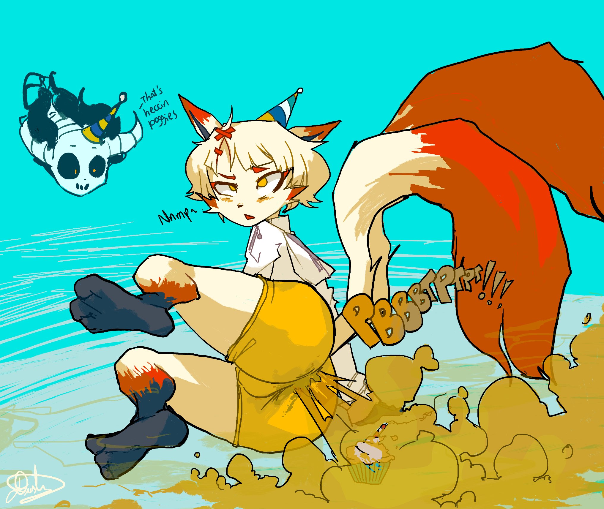 anthro, cupcake, cute, fart, farting, farting on food, furry, laying down, laying on side, two-tone tail, usagaijin