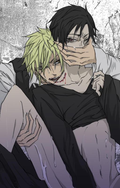 2boys bite_mark biting blonde_hair covering_mouth durarara!! gay heiwajima_shizuo male_only orihara_izaya yaoi