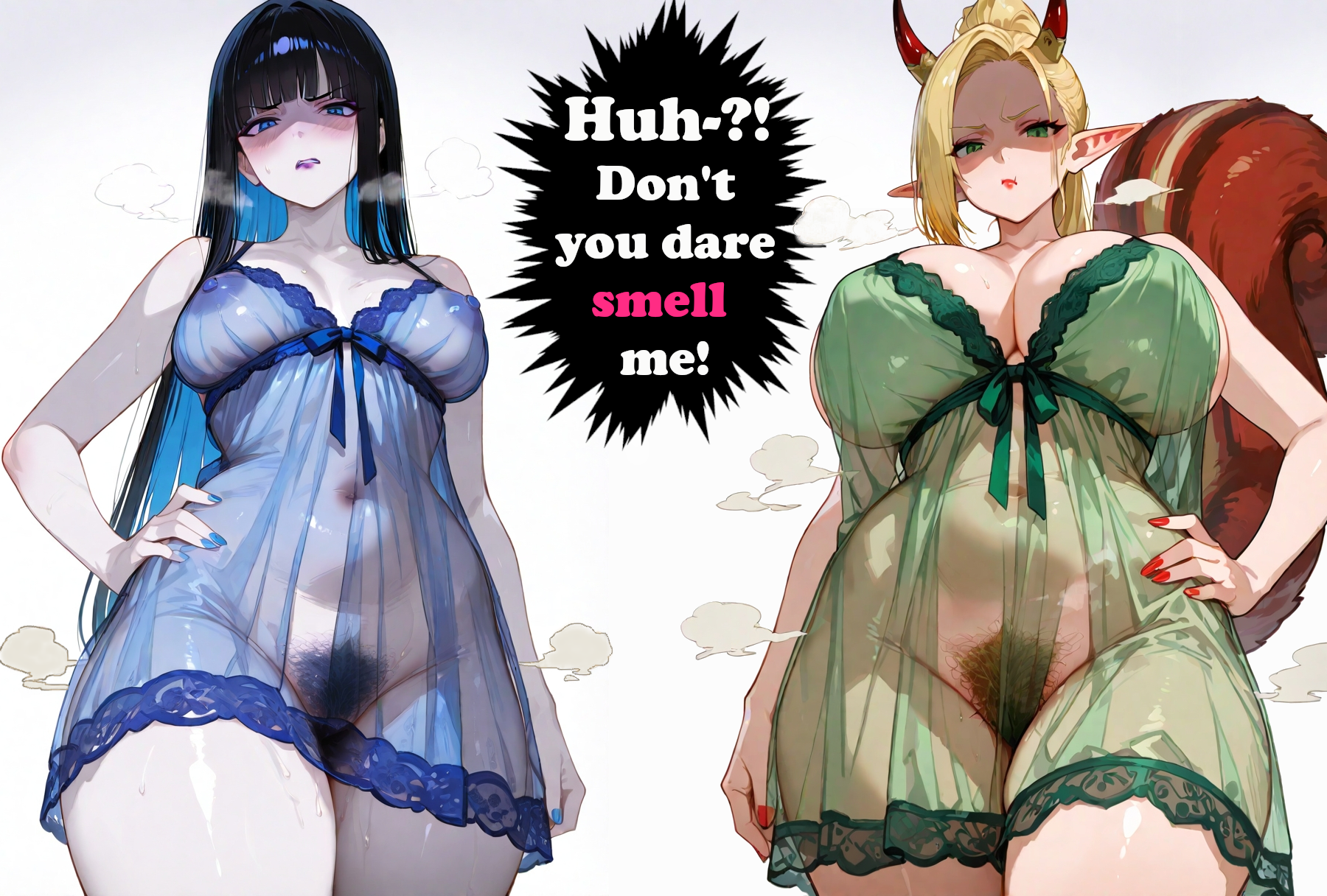 2girls, aetera, ai generated, angry, annoyed, asymmetrical hair, bare arms, bare shoulders, bare thighs, belly, belly button, big breasts, black hair, blonde female, blonde hair, blue clothing, blue eyes, blue fingernails, blue hair, blue nails, blue nightgown, blue nipples, blunt bangs, body odor, breath, colored inner hair, crotch, curvy female, curvy figure, disgusted, distel (the witchs fabulous cracker show), elf ears, english text, excessive pubic hair, female, female focus, female only, female pubic hair, forehead, from below, green clothing, green eyes, green nightgown, hand on hip, horns, huge breasts, irina (the witchs fabulous cracker show), light blush, looking at viewer, looking down, makeup, negligee, nightgown, odor, pale skin, pale-skinned female, ponytail, pout, pouting, purple lips, purple lipstick, red fingernails, red lips, red lipstick, red nails, see-through, see-through clothes, see-through clothing, shaded face, simple background, smell fetish, smelling, smelly, sniffing, speech bubble, squirrel tail, steam, steaming body, straight hair, sweat, text, the witchs fabulous cracker show, thick thighs, vagina, white background