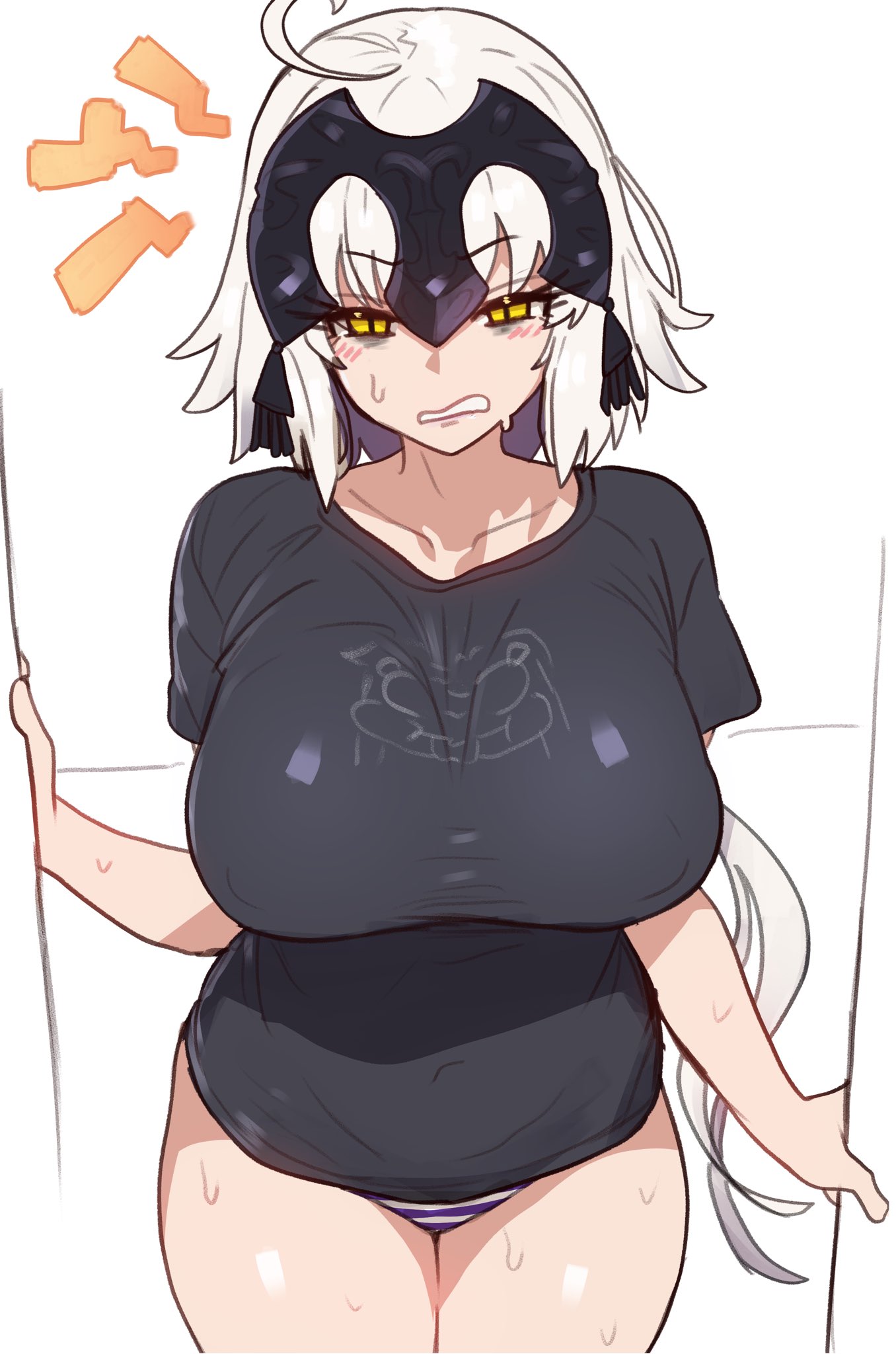 ahoge annoyed annoyed_expression belly_button belly_button_visible_through_clothing big_breasts big_thighs black_headgear black_headwear black_shirt black_t-shirt blue_striped_panties blue_stripes blush blush_lines blushing_at_viewer breasts collarbone ebora eye_bags eyebags fate/grand_order fate_(series) front_view golden_eyes hands_on_door headpiece jeanne_alter jeanne_d'arc_(alter)_(fate) jeanne_d'arc_alter_(fate) just_woke_up large_breasts looking_at_viewer nipple_bulge no_bra panties plump plump_breasts plump_thighs short_hair shoulder_length_hair simple_background striped striped_panties sweat sweatdrop sweating sweaty t-shirt thighs thighs_together tired tired_eyes white_background white_hair wide_hips yellow_eyes youngmanisdown