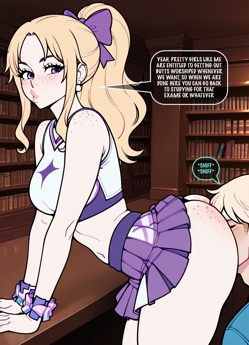 1boy, ai generated, ass sniffing, ass worship, blonde female, butt smelling, cheerleader, cheerleader uniform, dialogue, face in ass, female, fortnite, fortnite: battle royale, haylee skye (fortnite), male, phizben, word balloon