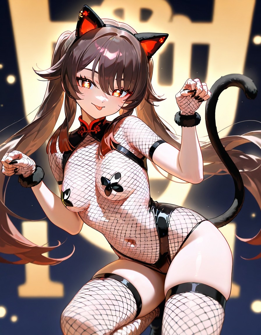 1girl :p ai_generated breasts brown_hair cat_ears cat_tail fishnet_bodysuit fishnets fraxx002 genshin_impact hu_tao_(genshin_impact) long_hair navel paw_pose red_eyes