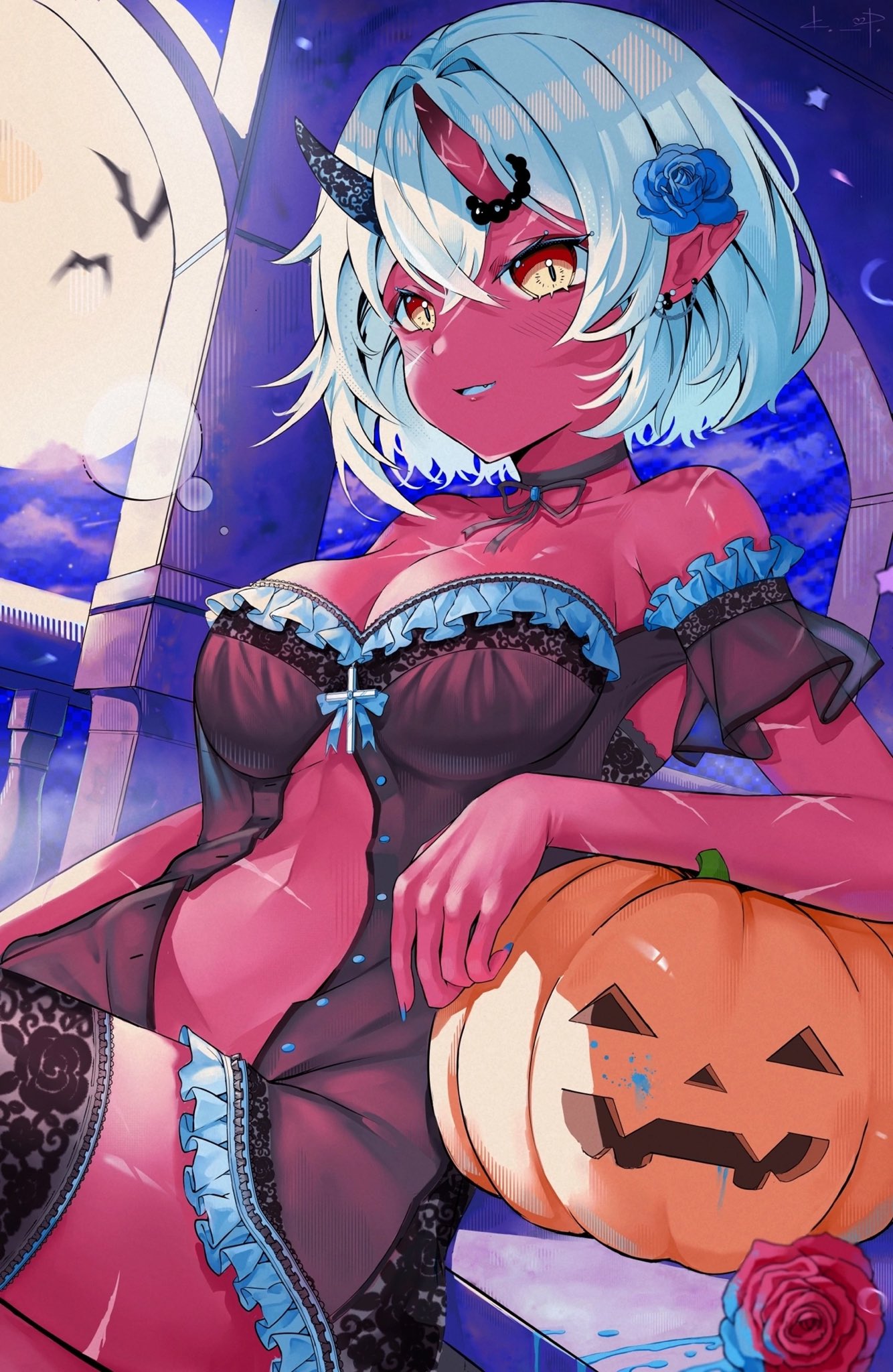 akumi bangs bare_shoulders black_flower black_legwear black_rose blue_flower blush breasts choker cleavage collarbone dark_skin demon_horns dress eyebrows_visible_through_hair female flower frilled_dress frills full_moon gloves hair_between_eyes hair_flower hair_ornament halloween halloween_costume horns jack-o'-lantern jewelry lace large_breasts looking_at_viewer moon orange_eyes orange_flower parted_lips pumpkin red_eyes red_flower red_rose red_skin ribbon rose short_hair sitting smile solo thighhighs vyugen white_hair