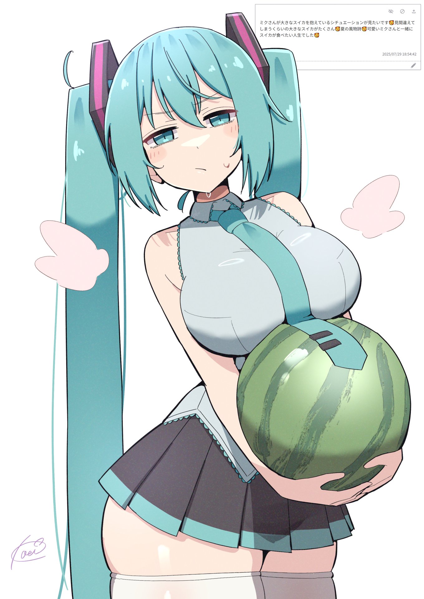 1girl, 1girls, alternate breast size, alternate breast size (larger), aqua eyes, aqua hair, bangs, bare shoulders, black skirt, blush stickers, breasts, closed mouth, collared shirt, cowboy shot, female, food, fruit, grey shirt, hair between eyes, hair ornament, hatsune miku, highres, holding, holding food, holding fruit, holding watermelon, koeikobo, kooei, large breasts, long hair, looking at viewer, miniskirt, necktie, pleated skirt, request inset, shirt, signature, simple background, skindentation, skirt, sleeveless, sleeveless shirt, solo, sweat, sweatdrop, thick thighs, thighhighs, thighs, twintails, very long hair, vocaloid, watermelon, white background, white thighhighs, zettai ryouiki