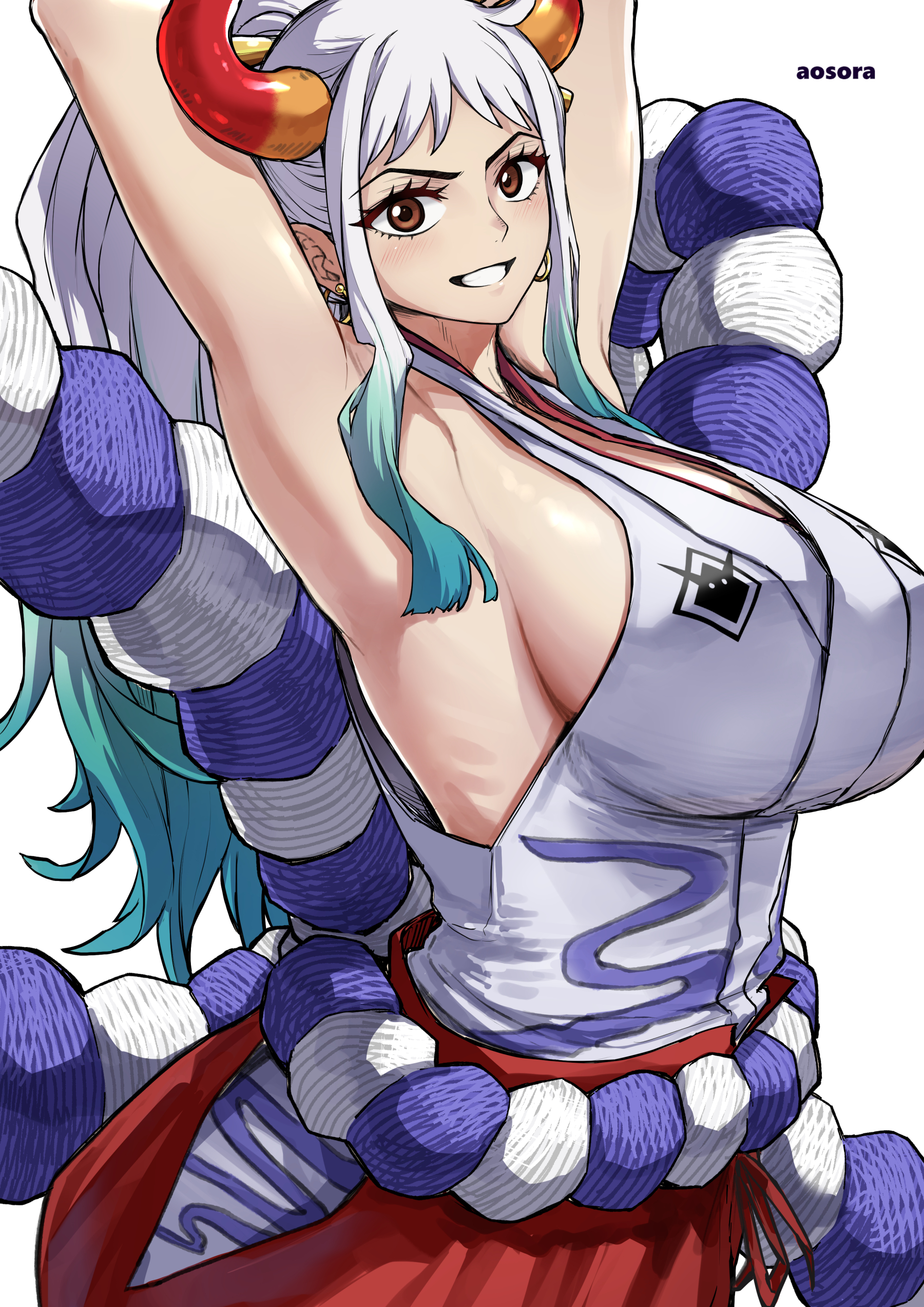 1girls, absurdres, aosora, aosora2823, armpits, arms up, artist name, breasts, brown eyes, female, female only, gradient hair, green hair, highres, horns, large breasts, looking at viewer, multicolored hair, one piece, ponytail, red horns, rope, shimenawa, sideboob, simple background, smile, solo, two-tone hair, white background, white hair, white-haired female, yamato (one piece)