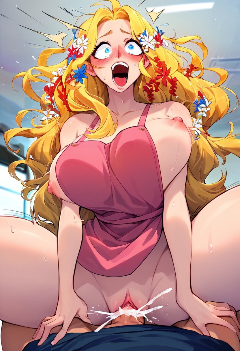 ? adam_(record_of_ragnarok) adam_(shuumatsu_no_valkyrie) ai_generated and apron ass big blonde_hair blush blush bouncing breasts cumming eve_(record_of_ragnarok) eve_(shuumatsu_no_valkyrie) female hair husband legs long milf mother mouth naked open penetration pov surprised thick vaginal_penetration white wife