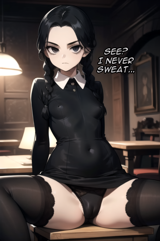 accidental_exposure ai_generated alternate_version_available black_hair black_legwear bored daidouji_(artist) daidoujipv dress exposed_ass exposed_panties female forehead goth goth_girl indoors long_sleeves looking_at_viewer nipple_bulge open_legs panties serious small_breasts solo solo_focus spread_legs stockings text the_addams_family wednesday_addams wide_hips