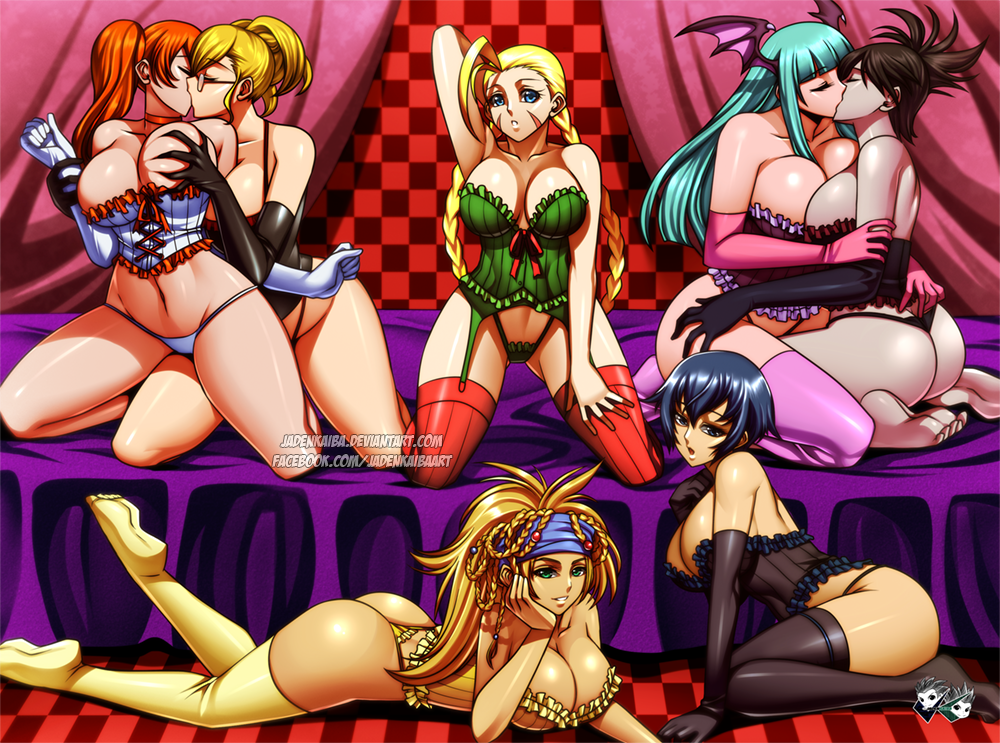 2017 6+girls 7girls ass babydoll big_ass big_breasts blue_hair breasts cammy_white candy_cane_(rumble_roses) crossover darkstalkers dragon_age eastern_and_western_character female female_only final_fantasy final_fantasy_x green_eyes harem head_wings huge_breasts jadenkaiba kissing large_ass large_breasts lingerie megami_tensei miss_spencer morrigan_(dragon_age) morrigan_aensland multiple_girls muriel_spencer name_connection persona persona_4 rebecca_welsh rikku rumble_roses shirogane_naoto street_fighter succubus yuri