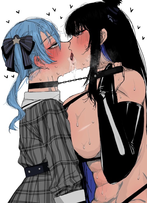 abs big_breasts black_hair blue_hair blush blush breasts_pressed_against_partner breasts_pressed_together carrot_011 chain_leash chained dominant_female drool drool_string french_kiss hoshimachi_suisei kissing lesbian_kiss looking_at_partner looking_pleasured mole mole_under_eye muscular_female nerissa_ravencroft pleasure_face pressing_breasts pressing_breasts_together six_pack small_breasts steam steamy sweat taller_female taller_girl yuri yuri