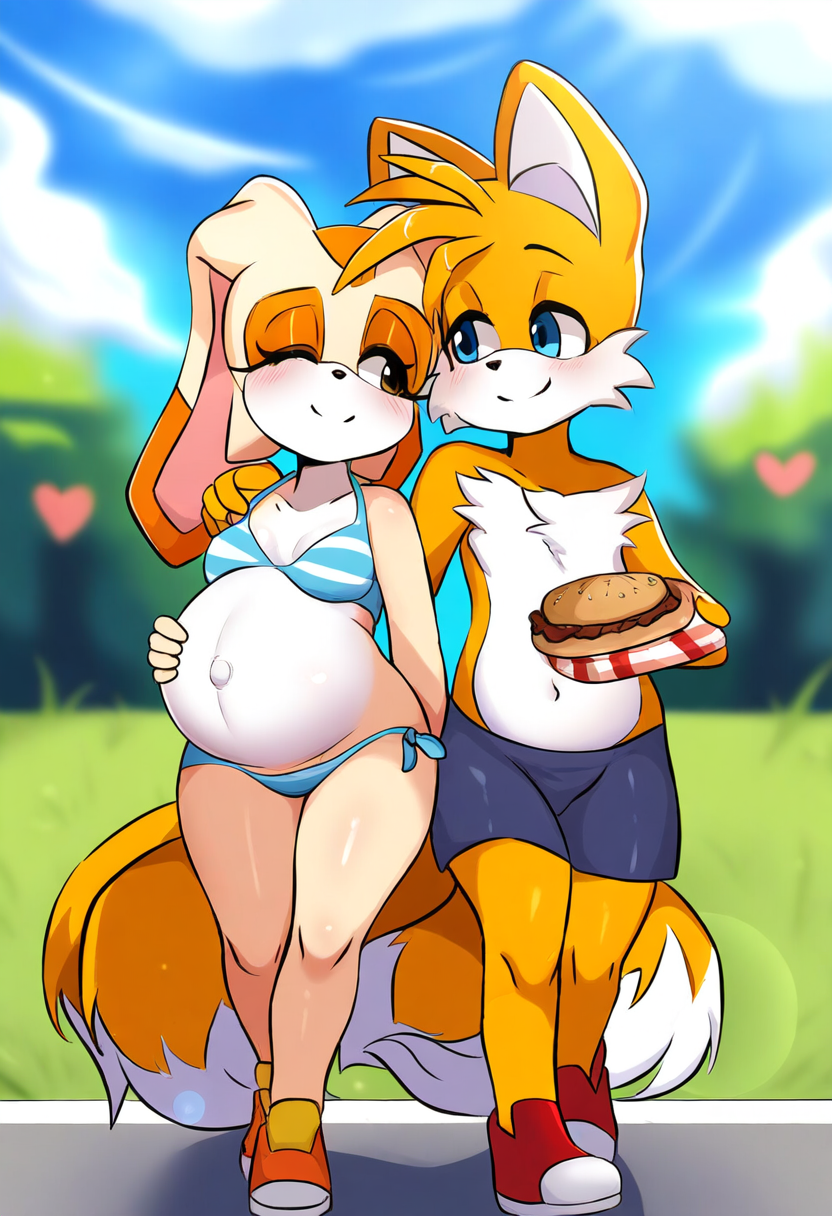 aged_up ai_generated anthro cream_the_rabbit furry miles_prower novelai pregnant romantic_couple sonic_(series) tails_the_fox