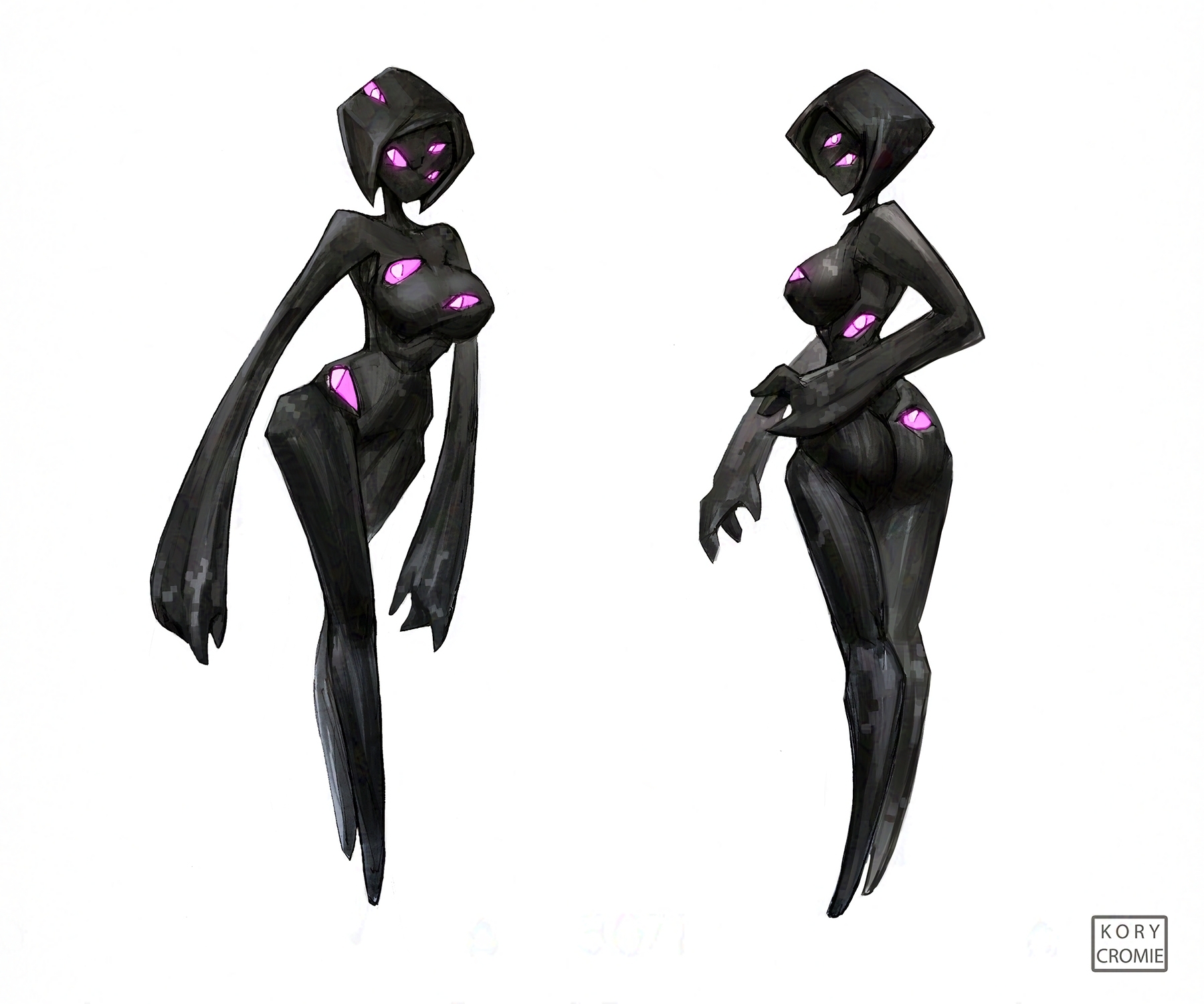 1girls, ass, big ass, big breasts, breasts, enderman, enderwoman, female, female only, hair, hourglass figure, kory cromie, minecraft, minecraft dungeons, multi eye, short hair, solo, solo female, thighs, watchling (minecraft), watermark