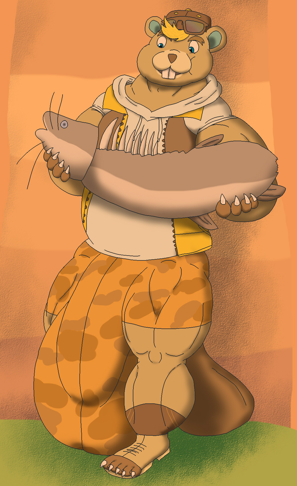 alythewolfcat animal_crossing anthro beaver big_bulge bulge c.j._(animal_crossing) catfish clothing detailed_bulge eating eating_food eyewear eyewear_on_head fish footwear genital_outline hi_res huge_bulge hyper hyper_bulge male mammal marine musclegut muscular muscular_male nintendo penis_outline rodent solo sunglasses sunglasses_on_head sunset toeless_footwear