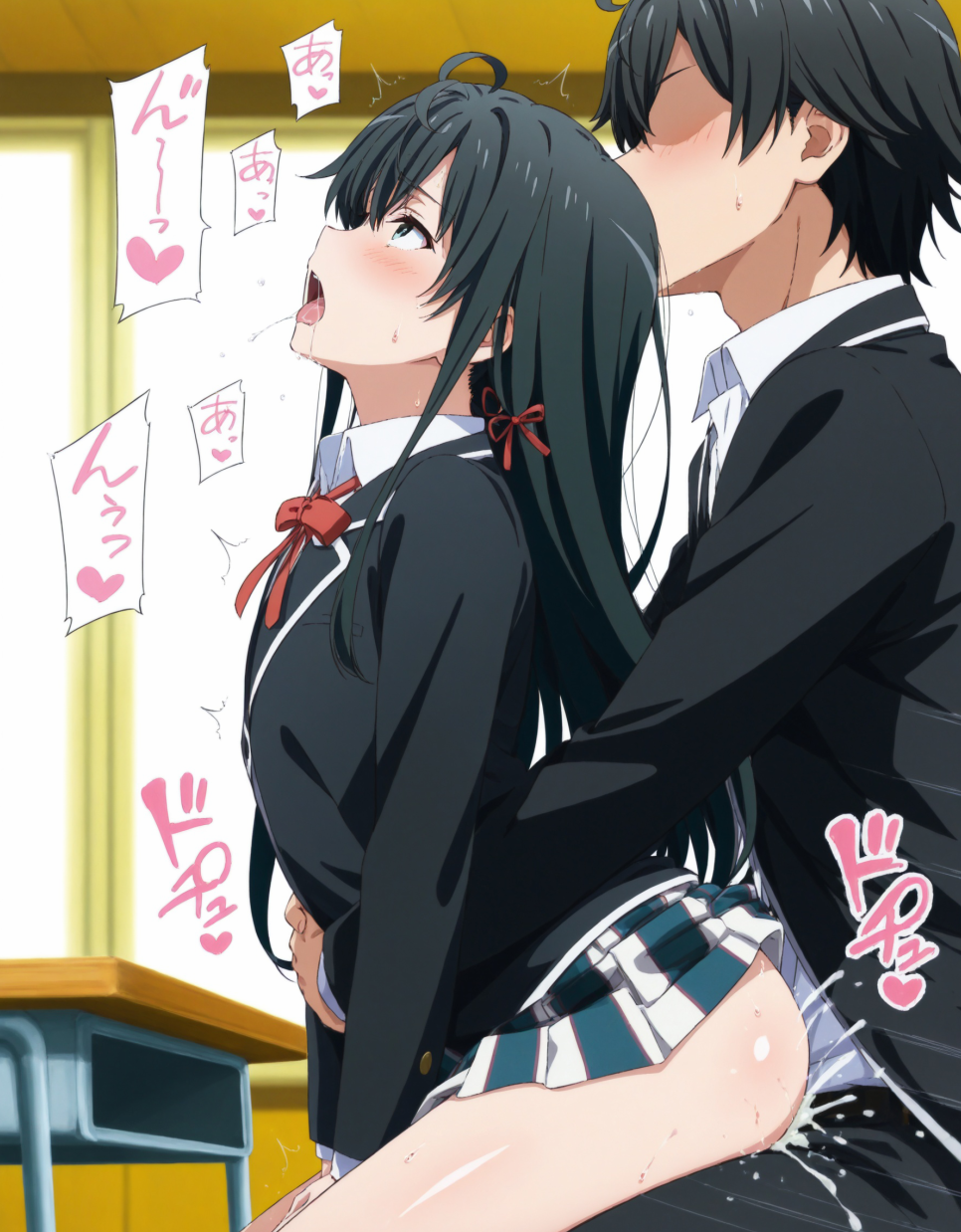 ahe_gao ai_generated ambiguous_penetration black_hair blue_eyes classroom cum cum_inside hikigaya_hachiman hug hugging_from_behind my_teen_romantic_comedy_snafu yukinoshita_yukino