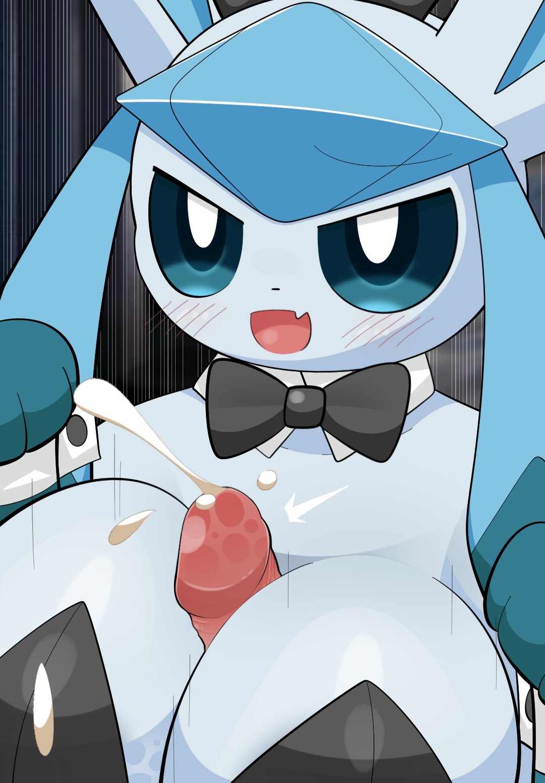 areola big_breasts blue_areola blue_nipples blush boobjob breast_play breasts breasts breasts cleavage clothed clothing cum_on_breasts duo eeveelution female generation_4_pokemon glaceon male nintendo nipples non-human_areolae paizuri pokemon pokemon_(species) sateco sex titjob titjob