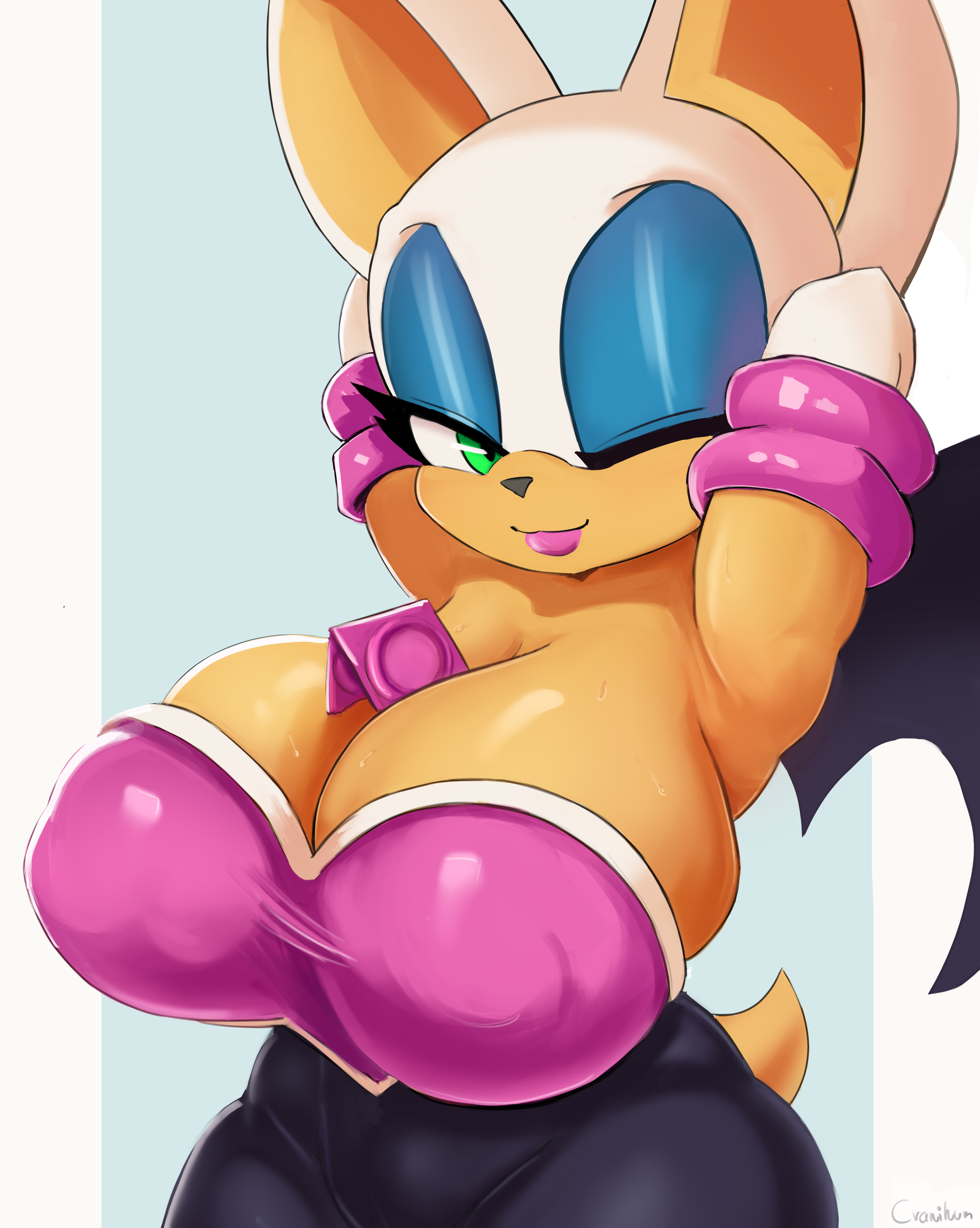 1girls, anthro, aqua eyes, armpits, arms behind head, bat ears, bat wings, big breasts, breasts, cleavage, condom, cranihum, female, female only, half-closed eyes, huge breasts, one eye closed, pose, posing, rouge the bat, sensual, shortstack, solo, solo female, sonic (series), upper body, wink, winking at viewer