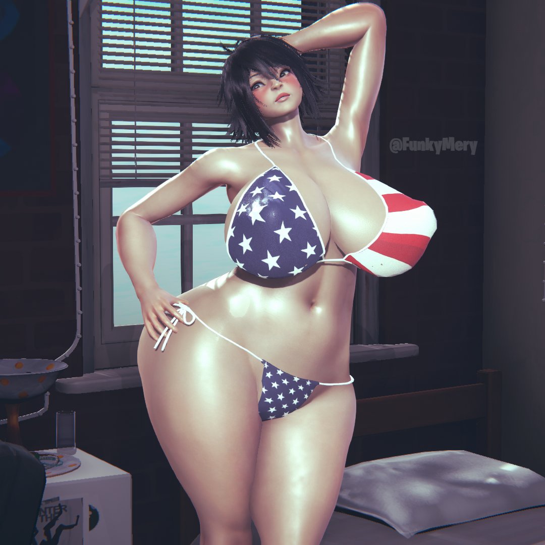 1girls alternate_breast_size american_flag american_flag_bikini asian asian_female bedroom big_breasts bikini black_hair blush bratty breasts dark_hair female female_focus female_only funkymery gorillaz hand_on_head hand_on_hip honey_select honey_select_2 huge_breasts huge_thighs illusion_soft lips lipstick navel nipple_bulge nipples nipples_visible_through_clothing noodle_(gorillaz) posing shaggy_hair shiny_skin short_hair small_bikini solo solo_female solo_focus string_bikini watermark