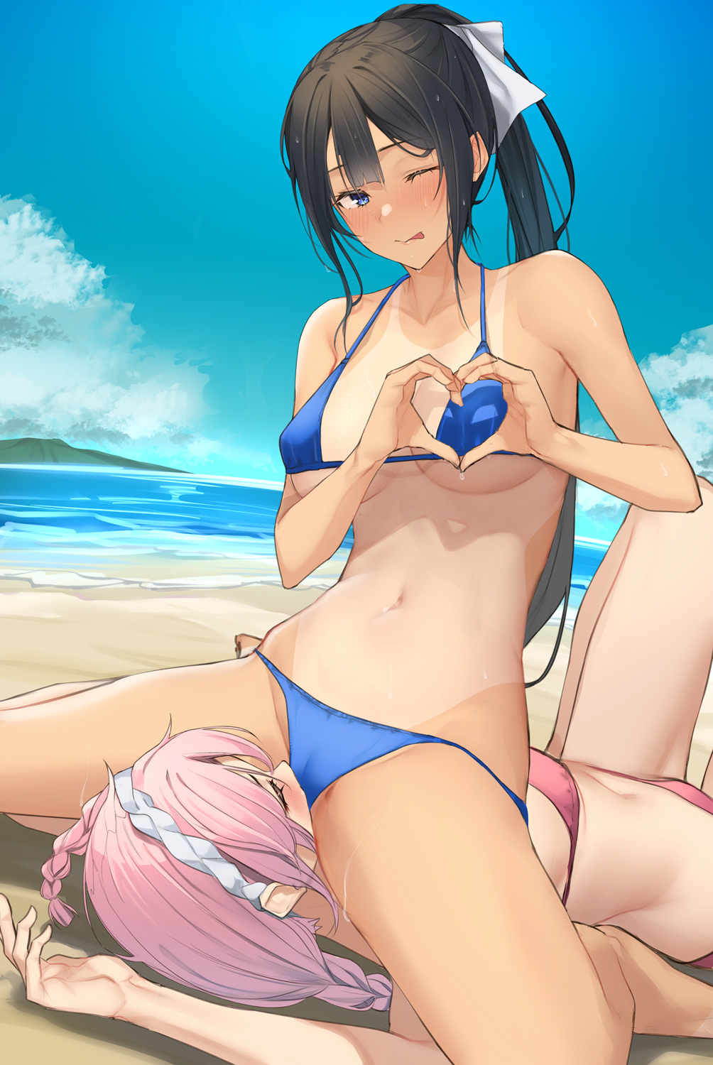 2girls :p bangs bare_arms bare_legs bare_shoulders beach bikini black_hair blue_bikini blue_eyes blush breasts closed_eyes cunnilingus hair_ornament hair_ribbon heart heart_hands highres large_breasts long_hair looking_at_viewer lying multiple_girls navel on_back one_eye_closed oral original outdoors pallad pink_bikini pink_hair ponytail ribbon sitting sitting_on_face sitting_on_person swimsuit tagme tan tanlines tongue tongue_out underboob water white_ribbon yuri