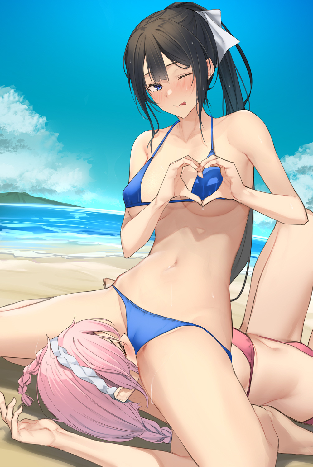 2girls :p bangs bare_arms bare_legs bare_shoulders beach bikini black_hair blue_bikini blue_eyes blush breasts closed_eyes cunnilingus hair_ornament hair_ribbon heart heart_hands highres large_breasts long_hair looking_at_viewer lying multiple_girls navel on_back one_eye_closed oral original outdoors pallad pink_bikini pink_hair ponytail ribbon sitting sitting_on_face sitting_on_person swimsuit tagme tongue tongue_out underboob water white_ribbon yuri