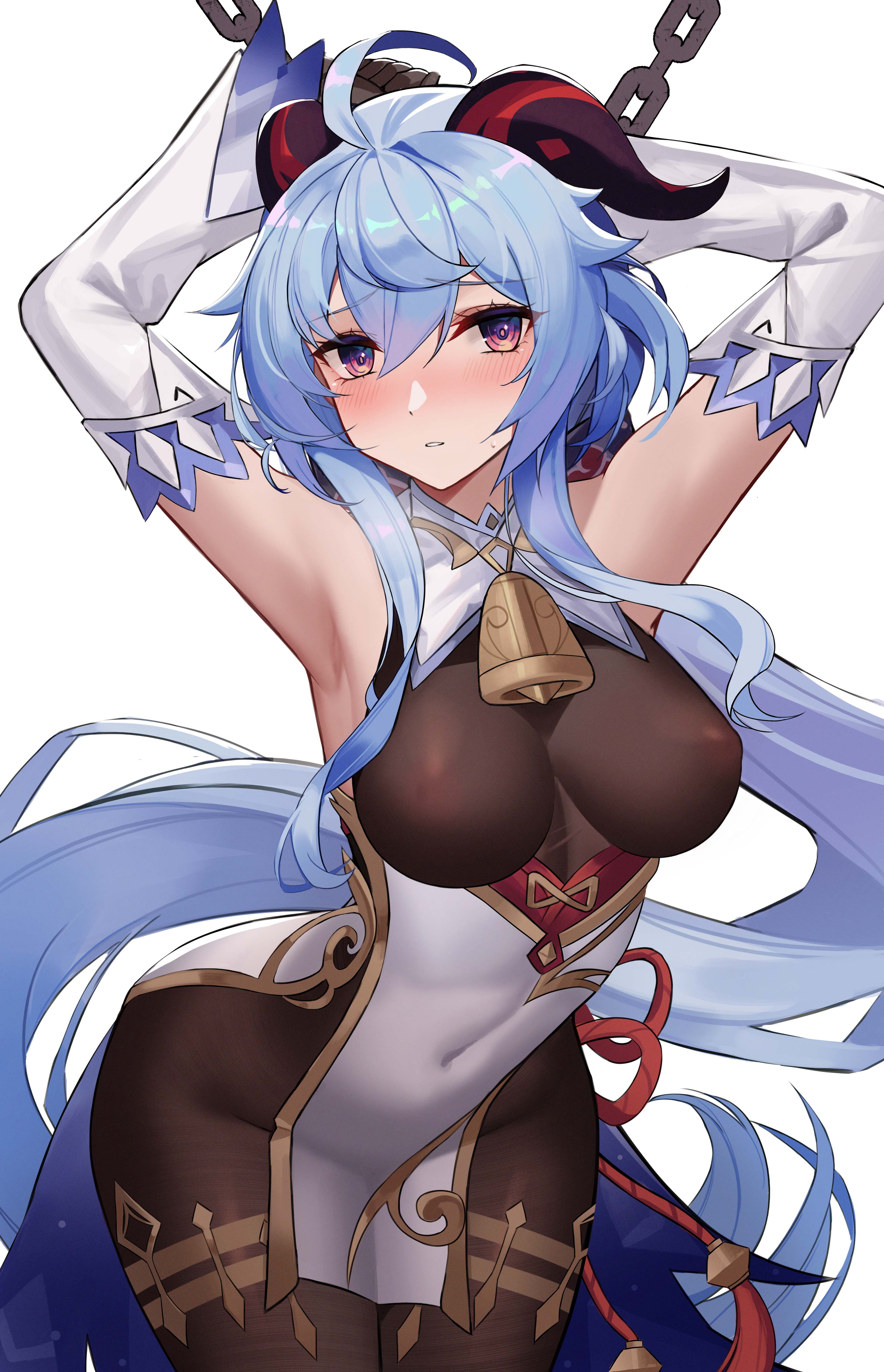 1girls, aqua hair, arms up, blue hair, blush, bodysuit, bondage, breasts, eternity (shadeh), female, female only, ganyu (genshin impact), genshin impact, hair between eyes, heterochromia, highres, horns, leotard, medium breasts, pantyhose, purple eyes, see-through, sidelocks, solo, solo female, solo focus