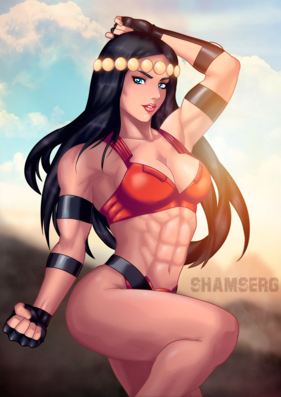 abs barda_free big_barda black_hair blue_eyes cleavage dc fingerless_gloves fit_female large_breasts mister_miracle_(series) muscular_female revealing_clothes shamserg the_new_gods voluptuous