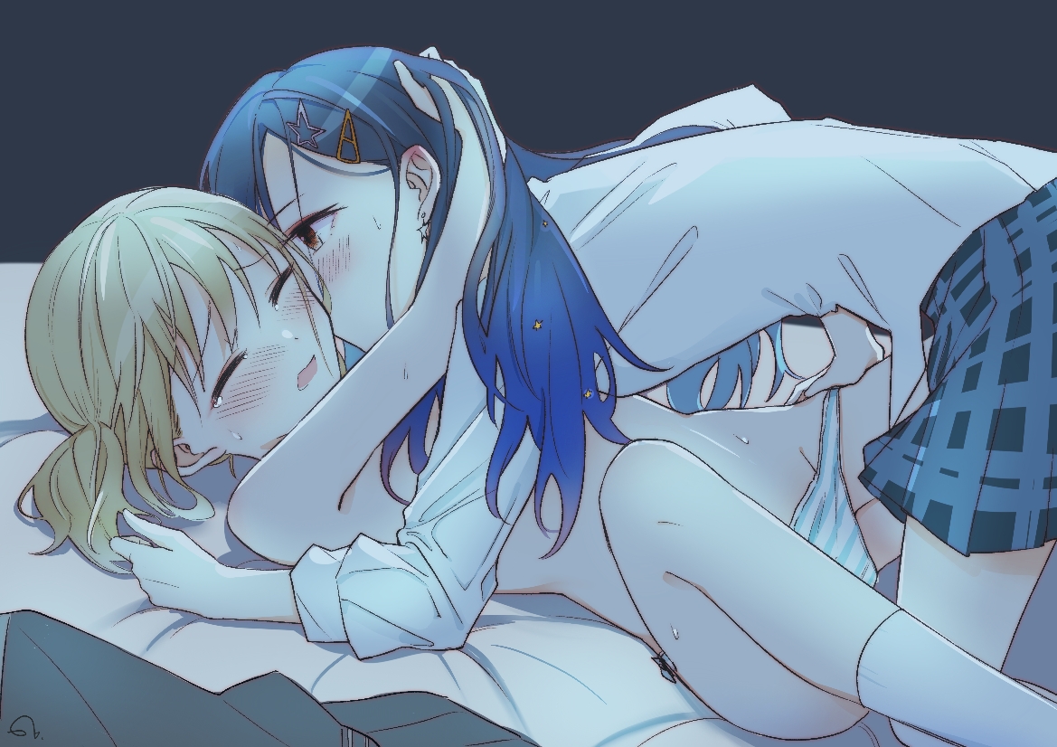 2girls, azusawa kohane, bed, blush, breasts, female, imminent sex, jingzhao65, looking pleasured, medium breasts, on back, panties, panties only, project sekai, school uniform, shiraishi an, small breasts, sweat, thick thighs, yuri