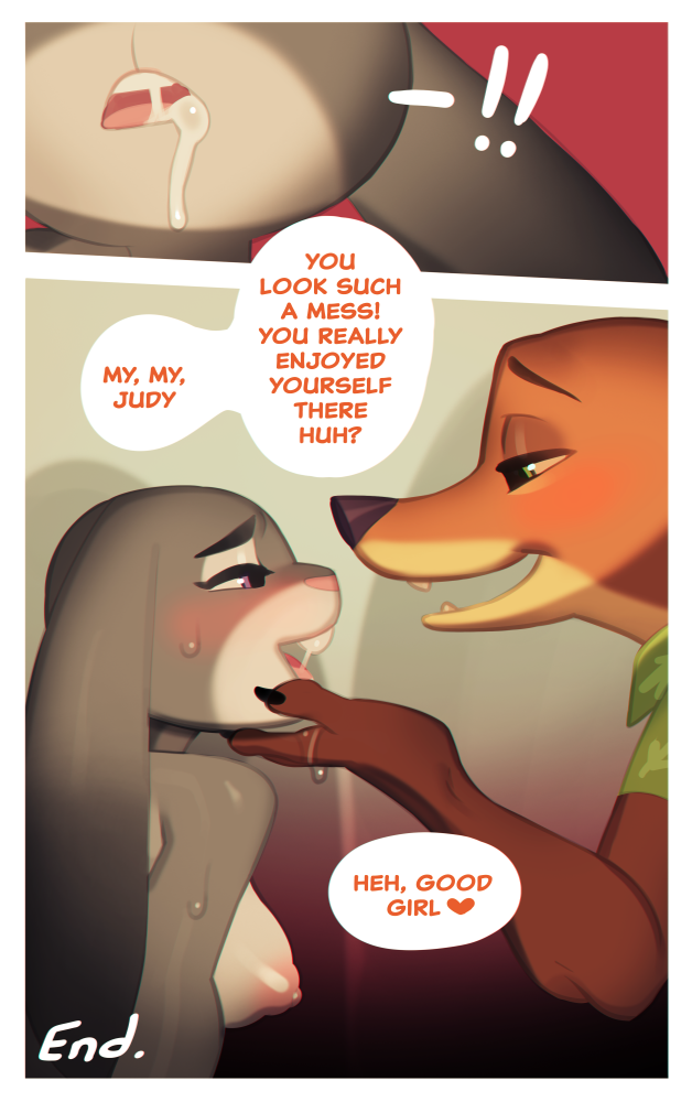 2021, anthro, areola, blush, bodily fluids, breasts, canid, canine, clothing, comic, cum, cum in mouth, cum inside, disney, english text, female, fox, genital fluids, green eyes, heart, judy hopps, lagomorph, leporid, male, mammal, medium breasts, nick wilde, nipples, purple eyes, rabbit, svarzye, sweat, text, tongue, zootopia