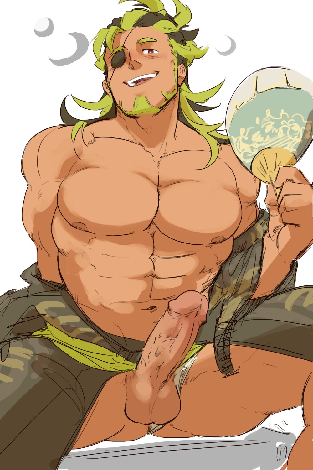 1boy abs bara bare_pectorals beard black_hair come_hither dark-skinned_male dark_skin erection facial_hair fundoshi_aside green_hair hand_fan head_tilt highres holding holding_fan japanese_clothes kimono large_pectorals leon_(world_flipper) looking_at_viewer male_focus male_only male_pubic_hair male_solo mature_male multicolored_hair muscular muscular_male navel nipples nude official_alternate_costume open_clothes open_kimono pectorals penis piikeisandaa pubic_hair seductive_smile short_hair smile solo spread_legs stomach thighs two-tone_hair uncensored unfinished world_flipper