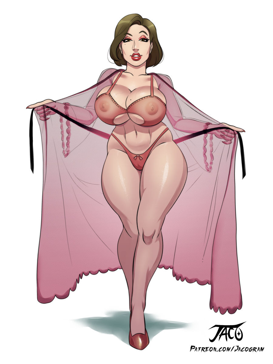 1girls, breasts, brown eyes, brown hair, eyeshadow, female, female only, fit, fit female, huge breasts, iacolare, jacogram, lingerie, milf, nipples visible through clothing, open robe, original, original character, presenting, shoes, thick thighs, thong, voluptuous