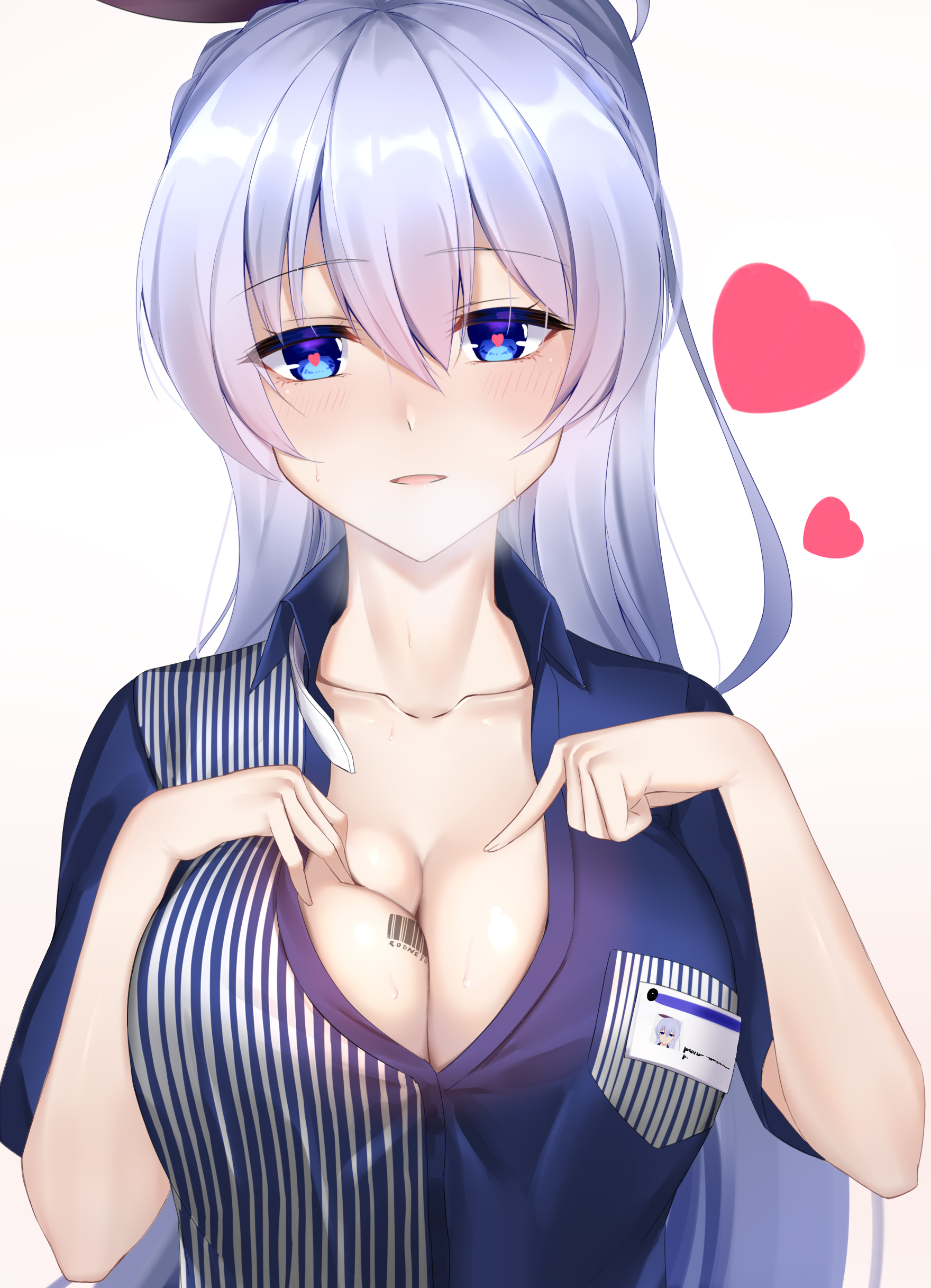 1girls, azur lane, barcode, blue eyes, blue hair, blush, breasts, cleavage, eternity (shadeh), female, female only, hair between eyes, heart-shaped pupils, hearts, highres, large breasts, light skin, light-skinned female, long hair, looking at viewer, rodney (azur lane), rodney (one day as a trainee clerk) (azur lane), royal navy (azur lane), seductive, sidelocks, solo, steamy breath, sweat, symbol-shaped pupils, white background