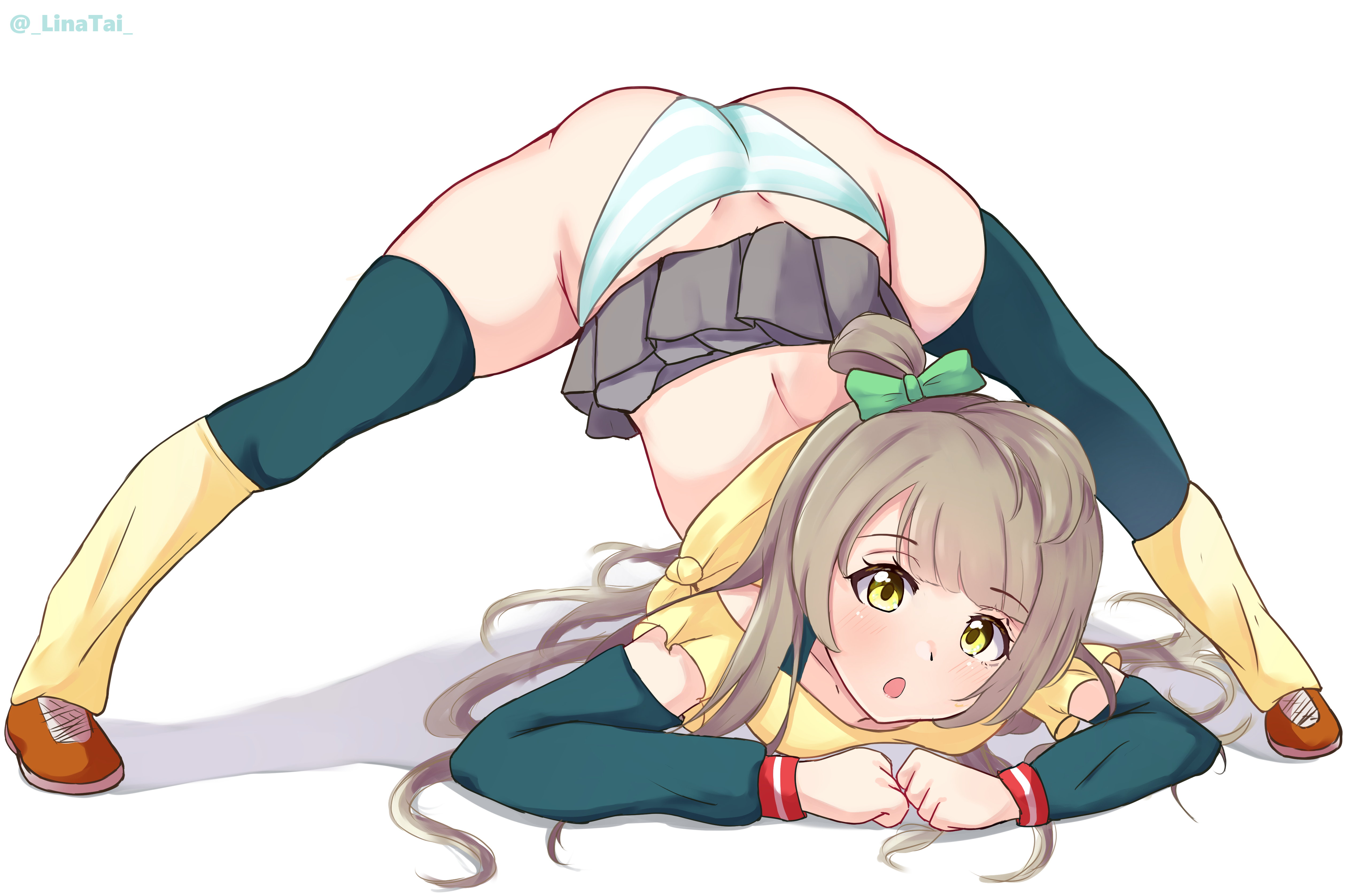 1girls, absurdres, ass, ass up, female, green ribbons, hair ribbon, highres, jack-o pose, linatai, long hair, looking at viewer, love live!, love live! school idol project, minami kotori, open mouth, panties, ribbon, shimapan, skirt, solo, striped, striped panties, top-down bottom-up, underwear, white background