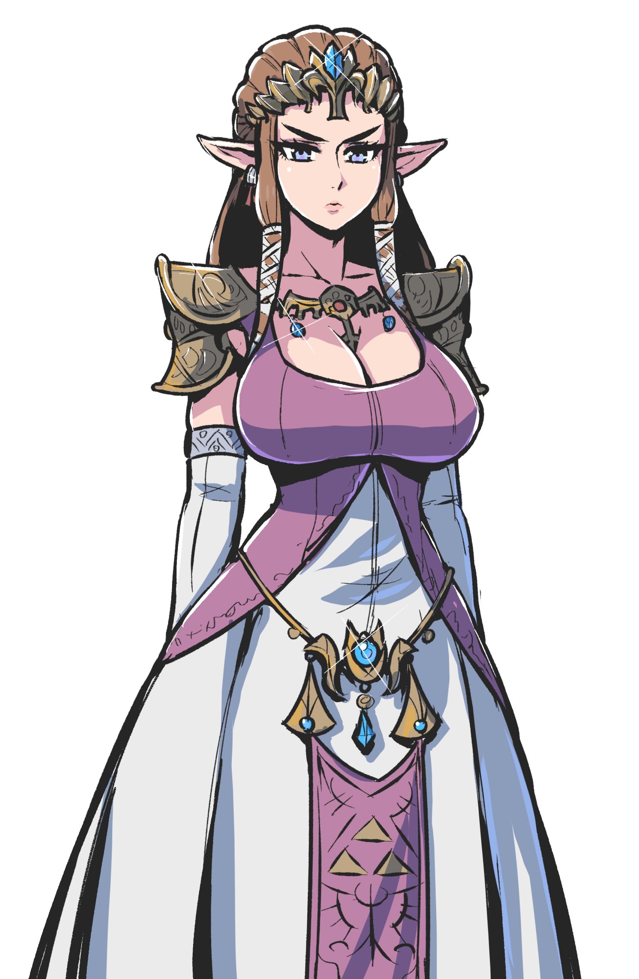 1girls, akairiot, angry eyes, big breasts, blue eyes, breasts, brown hair, cleavage, curvy, dress, female, female only, fully clothed, light skin, light-skinned female, lips, nintendo, princess dress, princess zelda, solo, solo female, tagme, the legend of zelda, twilight princess, white background, zelda (twilight princess)