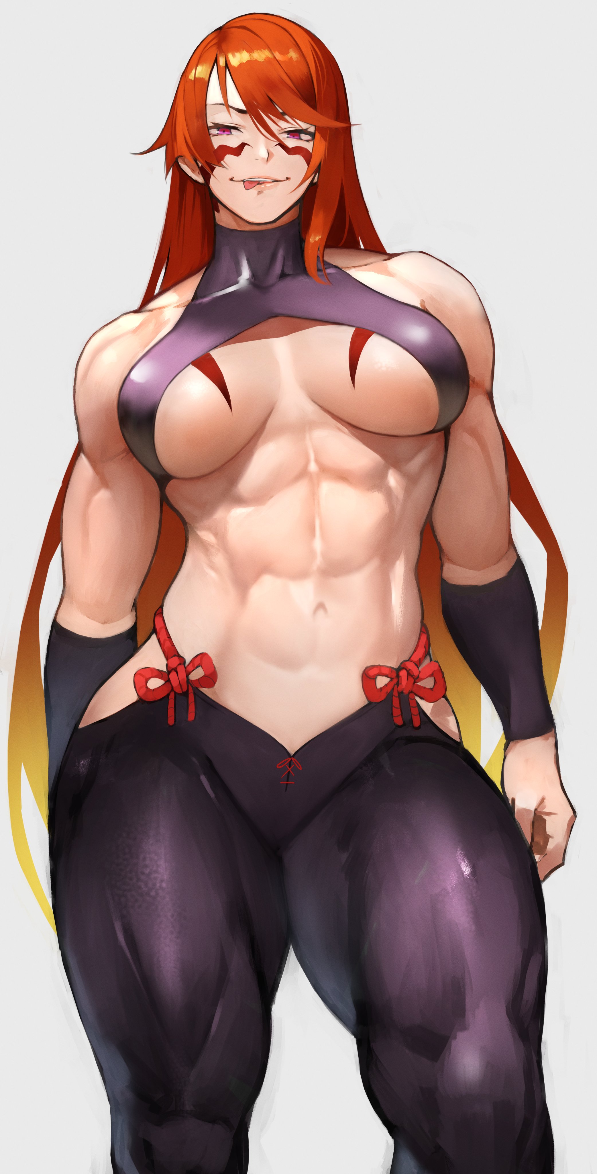 1girls, abs, absurd res, bangs, black pants, breasts, clothed, collarbone, face paint, female, fuma kotaro (tenkaichi), hi res, highres, large breasts, looking at viewer, muscular, muscular female, muscular thighs, pants, red hair, solo, solo female, tenkaichi nihon saikyou bugeisha ketteisen, toned, tongue, tongue out, yoshi55level