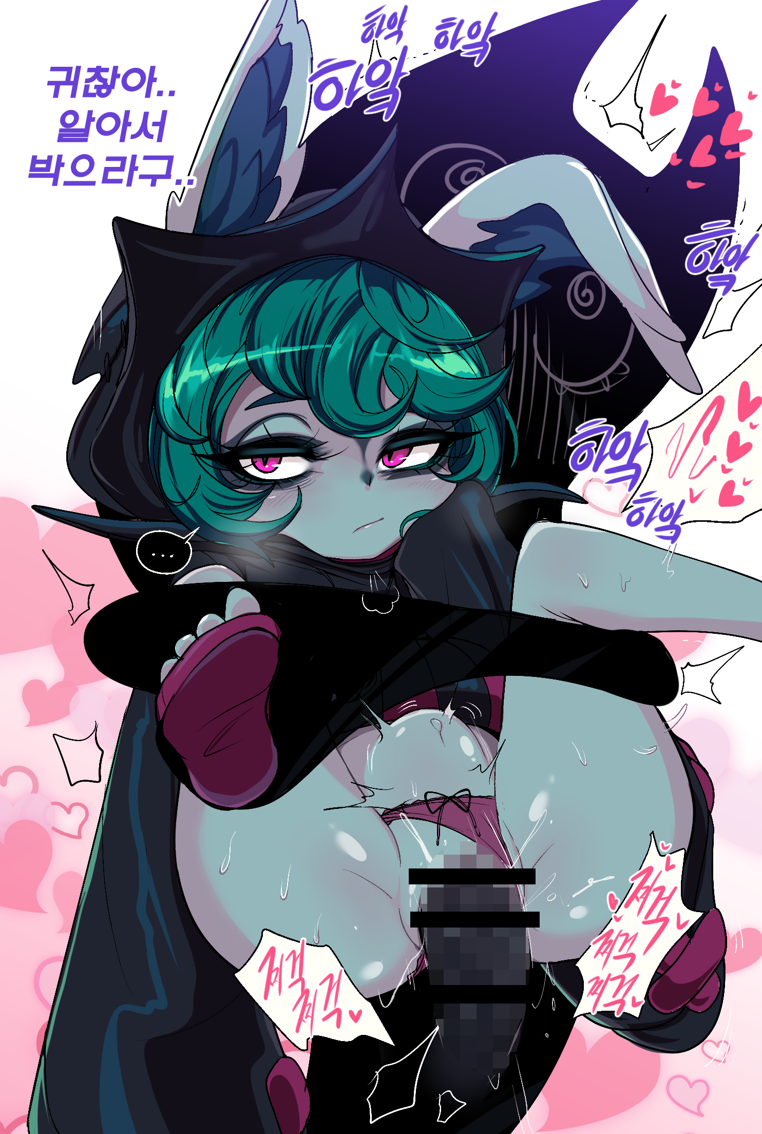..., 1boy, 1girls, animal ears, anthro, ass, blush, bottomless, bow panties, censor bar, censored, emotionless, female, full nelson, furry, goth, green hair, hair, half-closed eyes, heart, kimtoxic, korean text, league of legends, looking at viewer, mage, male, mosaic censoring, open toe shoes, panties, panties aside, partially clothed, pink eyes, pussy, sandals, shadow (lol), short hair, simple background, stomach bulge, sweat, text, toes, translation request, unfazed by stomach bulge, vaginal penetration, vex (league of legends), yordle