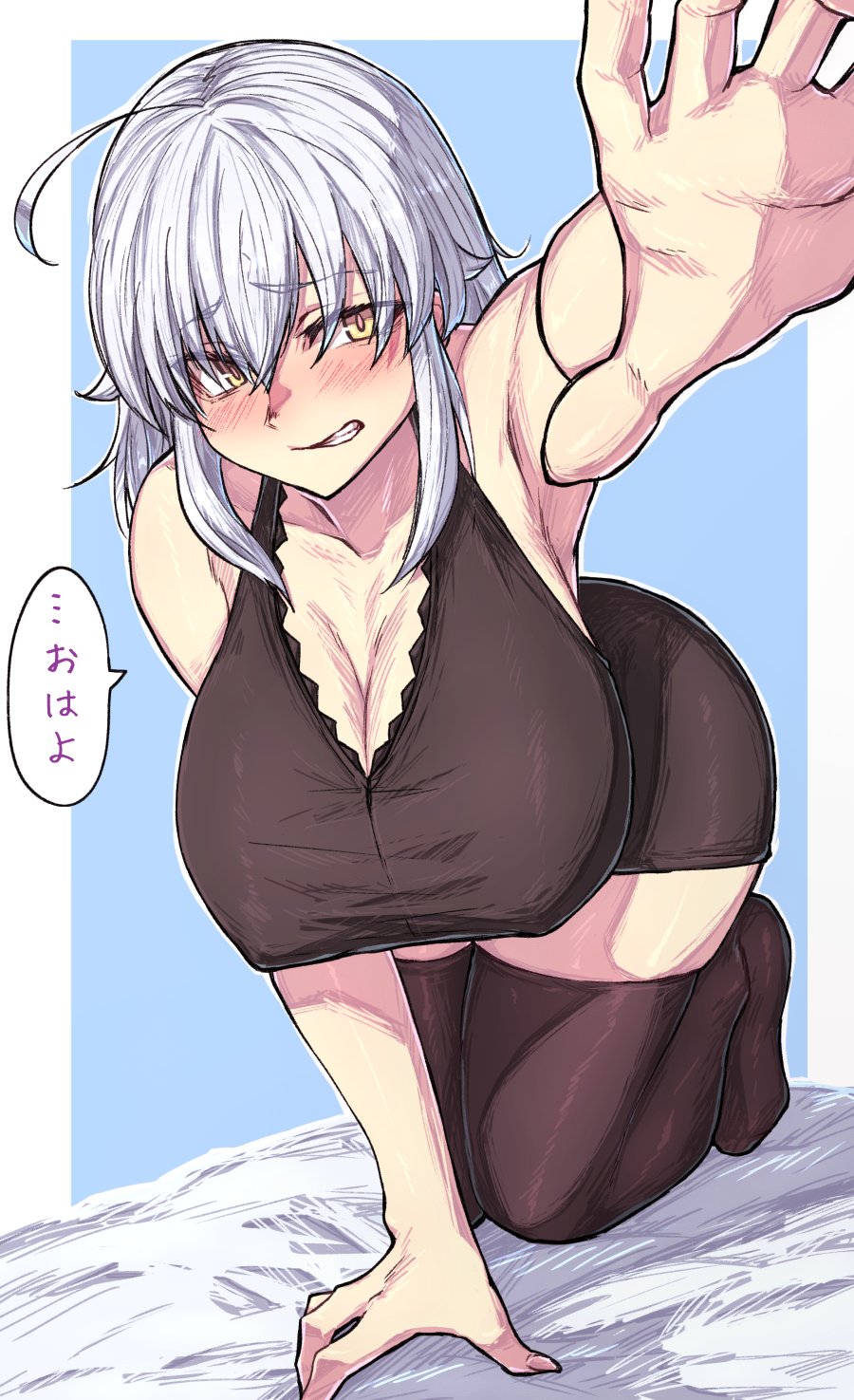 1girls, bed, bent over, big breasts, blush, breasts, clenched teeth, doggy style, elegomosux (artist), erect nipples, erection under clothes, fate (series), fate/grand order, female, hand, hanging breasts, ishibori eregomos, jeanne alter, nipples, thighhighs, white hair, yellow eyes