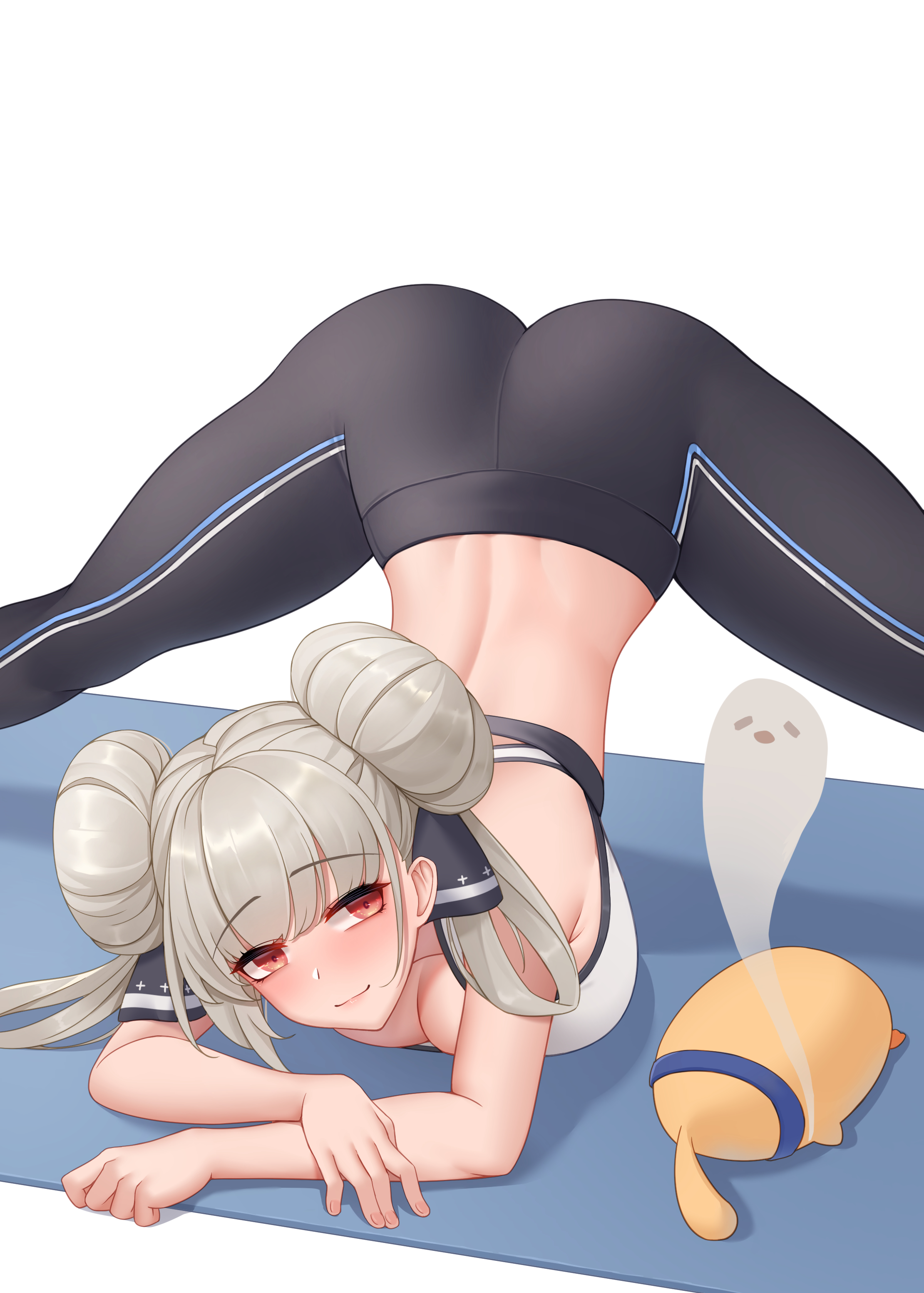 1girls, 2d, ass, azur lane, blush, dimples of venus, double bun, female, female only, formidable (azur lane), fully clothed, hair bun, highres, light skin, light-skinned female, long hair, manjuu (azur lane), pale skin, pale-skinned female, platinum blonde hair, red eyes, simple background, solo, sports bra, two-tone ribbon, wei xiao, yoga, yoga mat, yoga pants