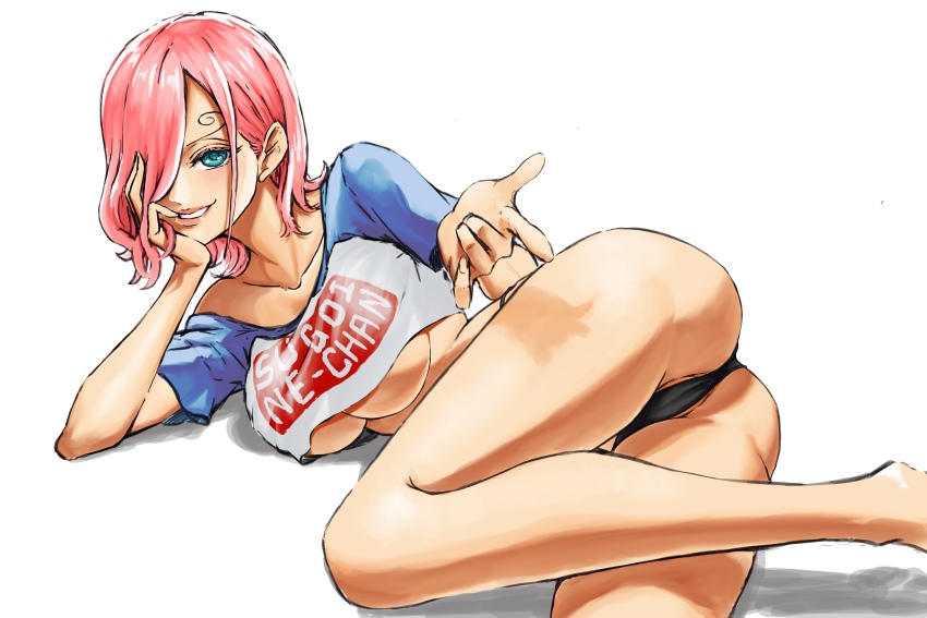 1girls ass beckoning big_ass big_breasts black_panties blue_eyes breasts clothing come_hither female female_only gesture inviting large_breasts naughty_face on_side one_piece panties pink_hair reiju seductive seductive_smile shellmaru solo source_request underwear vinsmoke_reiju white_background