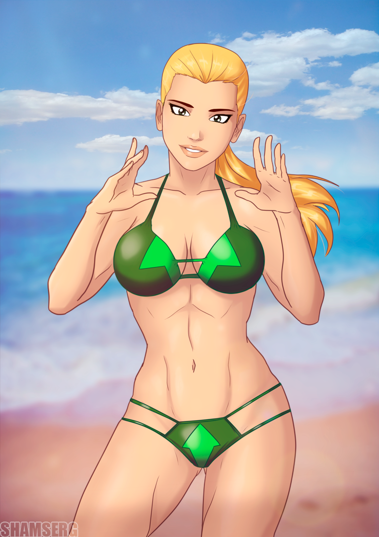 artemis_(dc) artemis_crock beach bikini blonde_hair cleavage dc dc_comics fit_female green_eyes large_breasts long_hair looking_at_viewer seaside shamserg young_justice