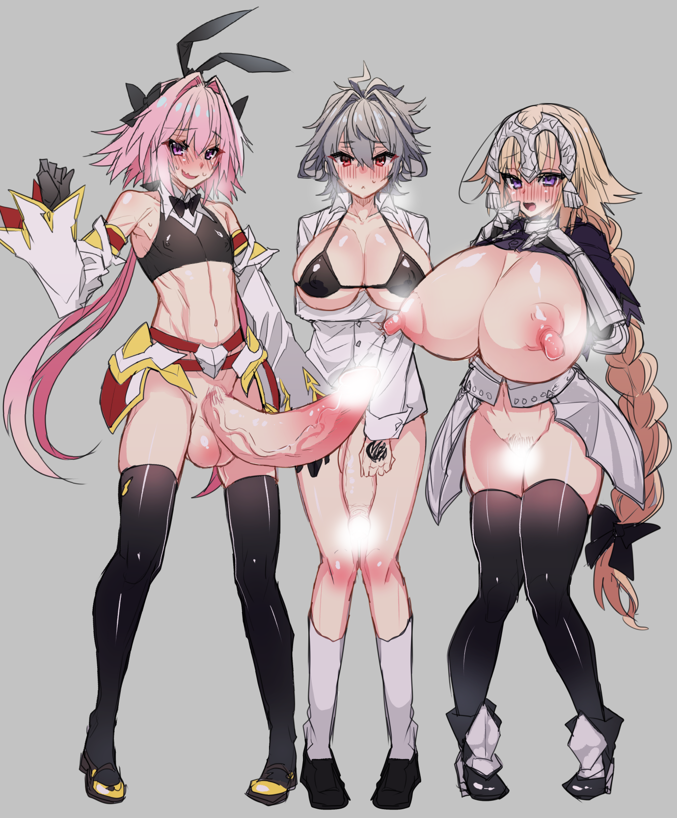 1boy, 1futa, 1girls, astolfo (fate), big breasts, big nipples, big penis, blonde hair, blushing, breasts, censored, embarrassed, fate (series), fate/apocrypha, fate/grand order, female, femboy, full-package futa, futanari, grey hair, haoro, huge breasts, huge cock, huge penis, hung femboy, hung trap, intersex, jeanne d'arc (fate), large breasts, leggings, long nipples, male, nipples, partially clothed, partially nude, penis, pink hair, purple eyes, red eyes, rule 63, short hair, sieg (fate/apocrypha), solo femboy, trap