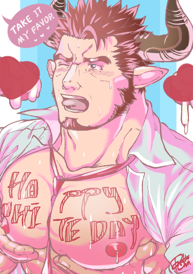 3boys agielba alternate_costume alternate_facial_hair animal_ears bad_id bad_tumblr_id bara bare_pectorals beard between_pectorals blush censored cow_ears cow_horns draph english_text erection facial_hair food_on_penis grabbing granblue_fantasy group_sex happy_birthday heart heart_censor horns large_pectorals long_sideburns male_focus male_lactation male_only mature_male mmm_threesome multiple_boys multiple_sources muscular muscular_male necktie_between_pecs nipples one_eye_closed onionworkshop open_clothes open_shirt pectoral_grab pectorals penis red_hair self_fondle short_hair sideburns solo_focus spiked_hair suit_and_tie sweat tattoo threesome tongue tongue_out upper_body yaoi