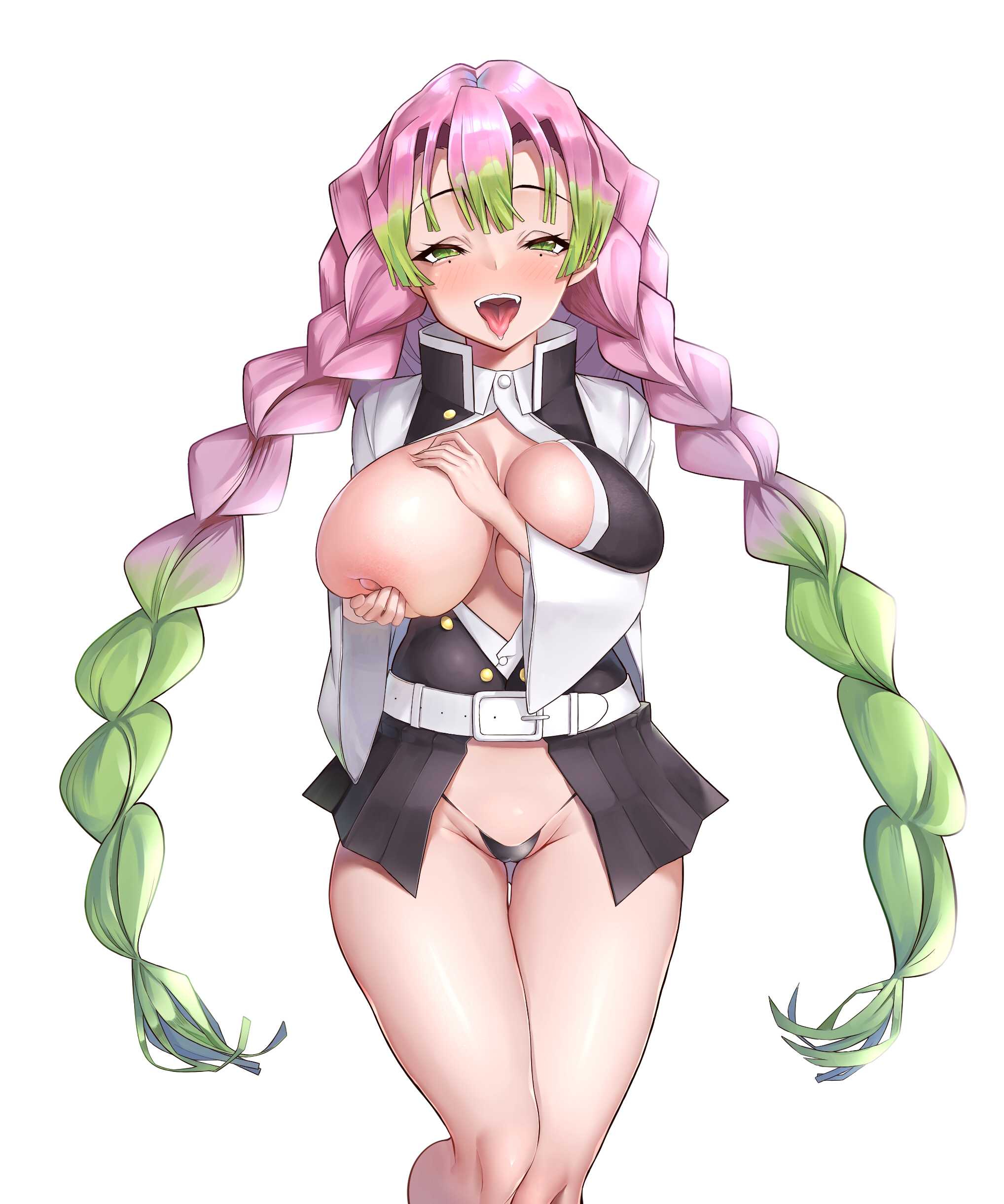 alternate version available, areola slip, big breasts, black thong, blush, braided hair, breasts, cowboy shot, demon slayer, female, female only, grabbing own breast, green eyes, half-closed eyes, haori, holding breast, kanroji mitsuri, kimetsu no yaiba, long hair, looking at viewer, mole under eye, no bra, one breast out, open clothes, open mouth, open shirt, pink hair, pleated skirt, revealing clothes, skimpy clothes, solo, thong, tongue, tongue out, two-tone hair, wide hips