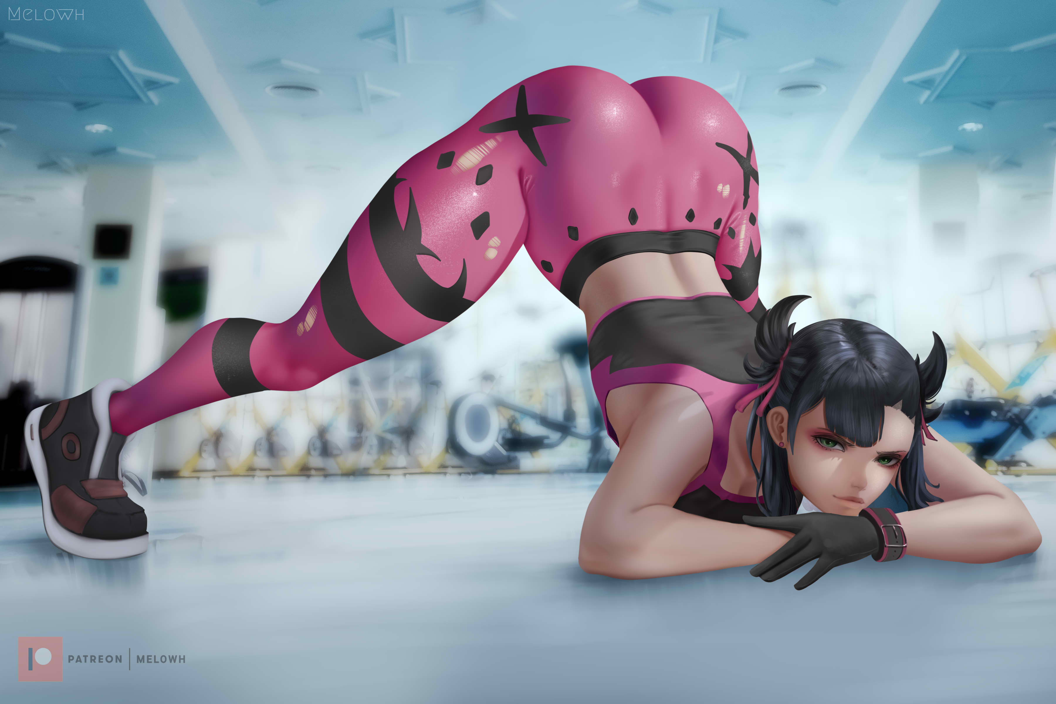1girls, ass, ass up, big ass, big butt, black hair, breasts, eye contact, female, female only, gym clothes, hair ribbon, jack-o pose, looking at viewer, marnie (pokemon), medium breasts, melowh, nintendo, pokemon, pokemon ss, sports bra, spread legs, thick thighs, thighs, tight clothing, tight pants, top-down bottom-up, twintails, yoga pants