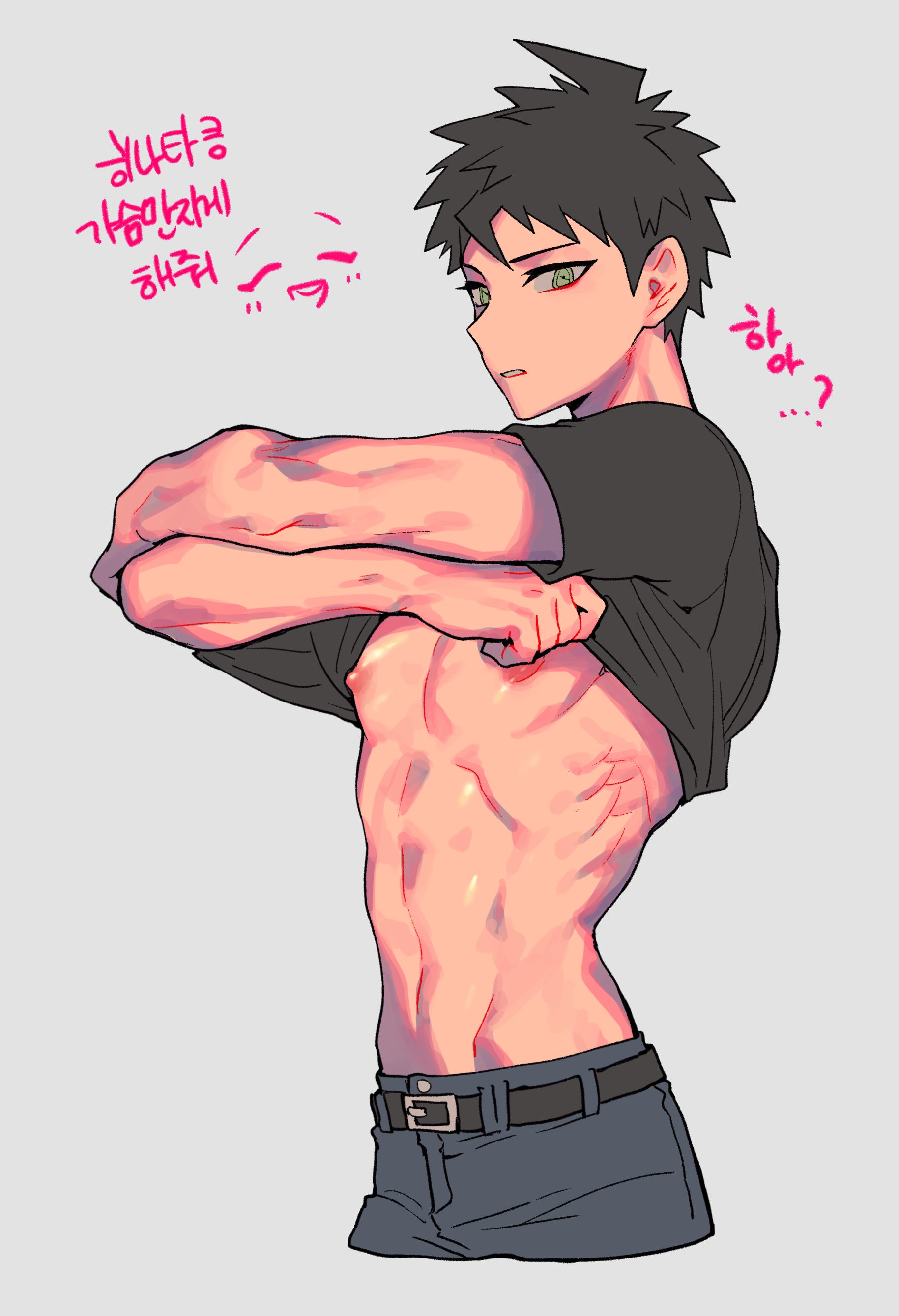 1boy, abs, brown hair, danganronpa, danganronpa 2: goodbye despair, drfav, green eyes, grey background, hinata hajime, looking at viewer, male, male focus, male only, muscular, muscular male, shirt lift, shirt up, sin dangan, solo, solo focus, straight hair, tan, tan skin, translation request, undressing