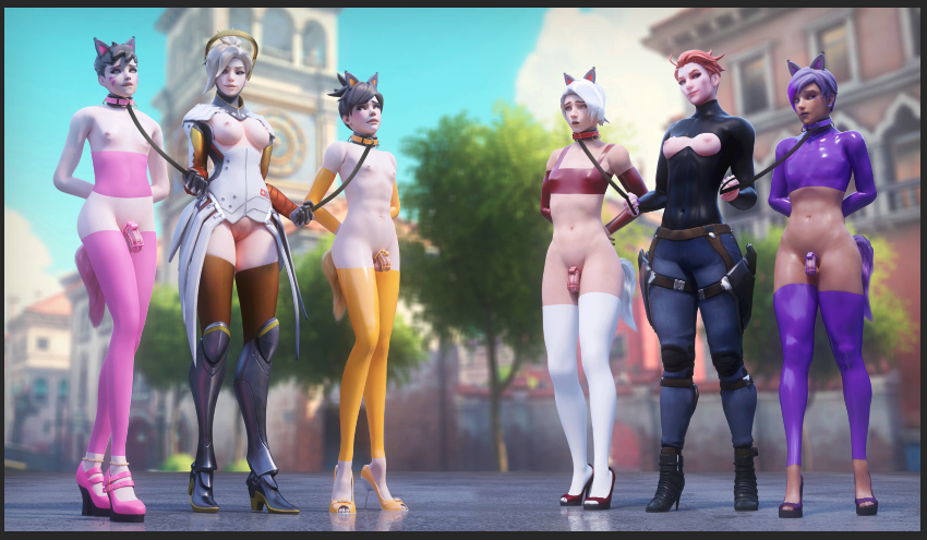 2girls 3d 4boys ashe_(overwatch) black_cat_sombra blizzard_entertainment bondage cat_ears cat_tail chastity chastity_cage crossdressing d.va dog_ears dog_tail dominatrix exhibitionism femboy feminine_male feminization fjaye genderswap_(ftm) high_heels latex leash mercy moira open_toe_shoes overwatch overwatch_2 penis petplay rule_63 sissy sombra submissive_male tracer trap