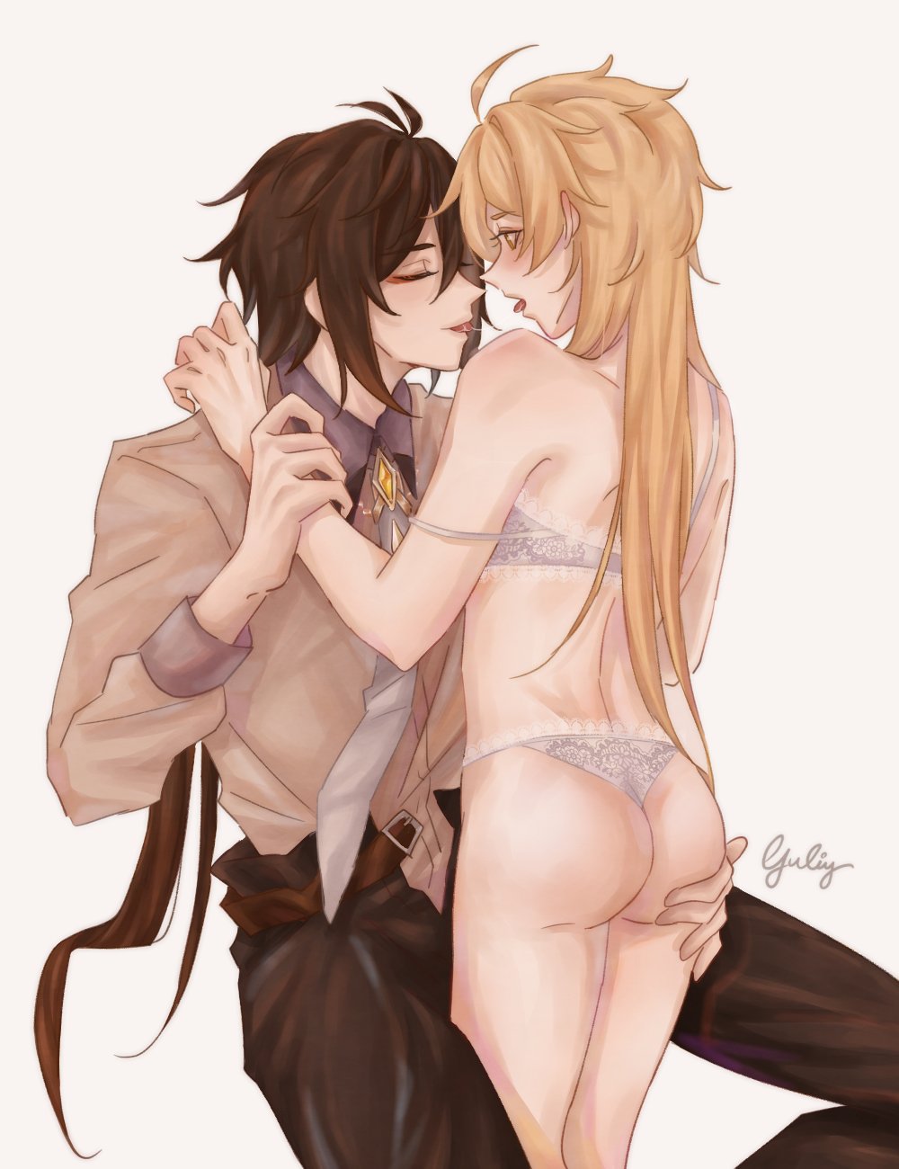 aether (genshin impact), ass, ass grab, blonde hair, brown hair, crossdressing, daddy kink, embarrassed, femboy, gay, genshin impact, larger male, lingerie, long hair, male, male only, smaller male, thighs, underwear, yaoi, yuliy4869, zhongli (genshin impact)