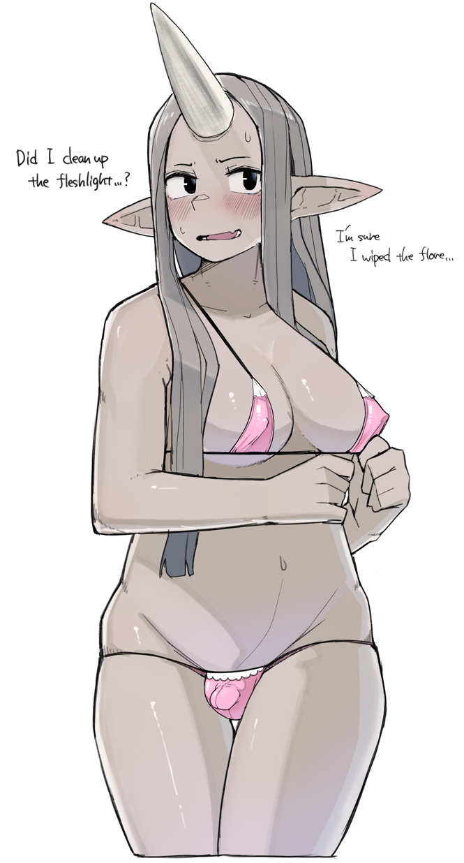 1futa, bikini, blush, breasts, bulge, clothed, clothing, dialogue, dickgirl, futa only, futanari, grey hair, grey skin, horn, humanoid, intersex, long ears, long hair, mostly nude, navel, ohasi, oni, oni (ohasi), oni horns, penis, pink bikini, pointy ears, small penis, solo, standing, string bikini, text, thong