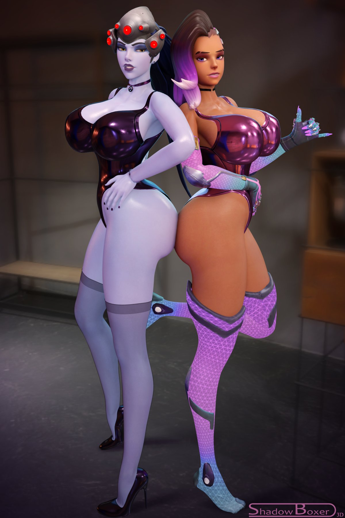 2girls, 3d, big breasts, blender, breasts, dark skin, dark-skinned female, female, female only, high heels, large breasts, looking at viewer, overwatch, shadowboxer, sombra, thick thighs, wide hips, widowmaker