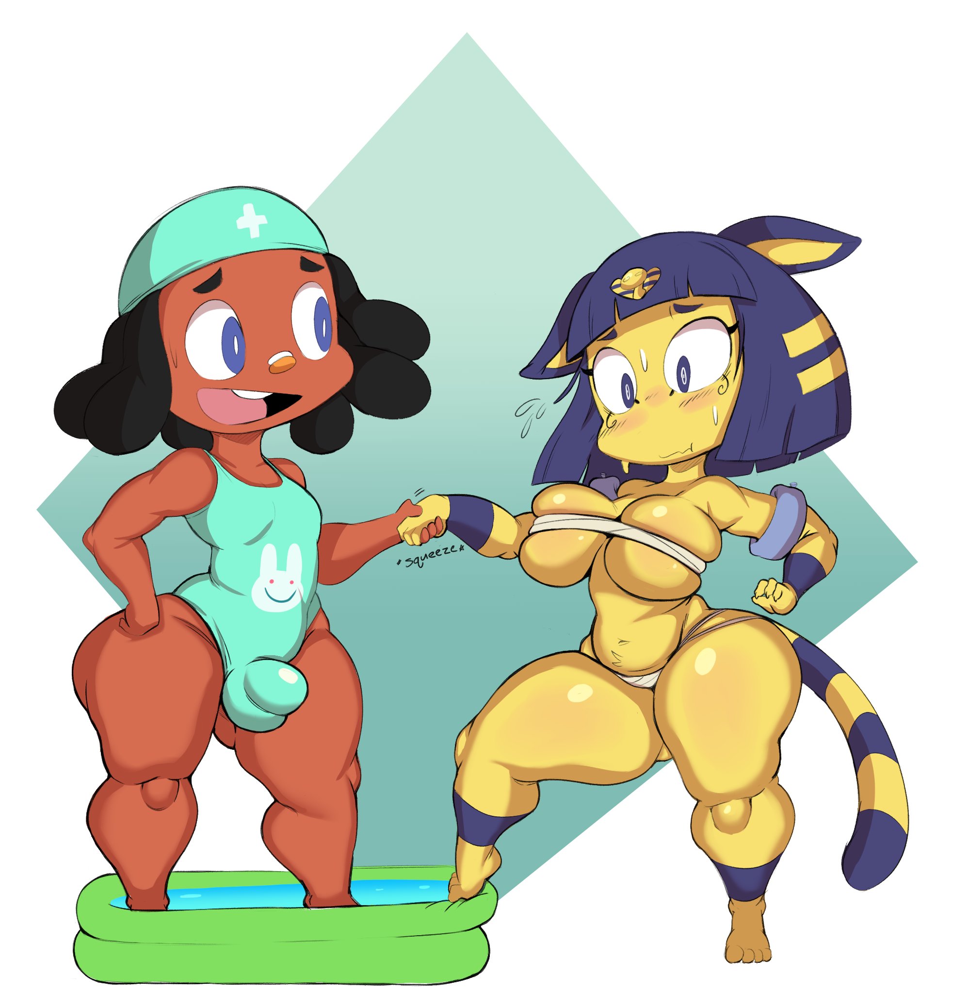 animal crossing, ankha, anthro, bandage, big breasts, black hair, blue eyes, blue hair, blush, breasts, brown body, brown skin, bulge, cleavage, clothed, clothing, cushion (purple yoshi draws), dark skin, dark-skinned male, domestic cat, dreadlocks, duo, felid, feline, felis, female, femboy, floatie, girly, hair, hi res, human, kiddie pool, male, mammal, nintendo, one-piece swimsuit, partially submerged, purple yoshi draws, shortstack, simple background, swimwear, tail, thick thighs, video games, villager (animal crossing), white background, wide eyed, wide hips, yellow body