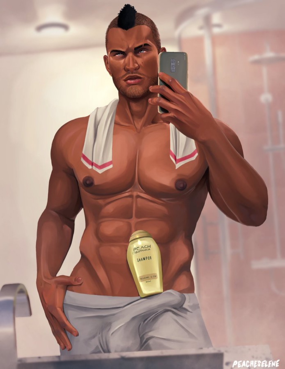 1boy abs artist_name ball_bulge beard_stubble black_hair blue_eyes call_of_duty call_of_duty:_modern_warfare_2 facial_hair human john_mactavish looking_at_viewer male male_nipples male_only mikk1n mohawk_(hairstyle) muscles muscular_male no_visible_genitalia peacheselene pecs penis_outline selfie shampoo_challenge smooth_skinned_male soap_(modern_warfare_2) towel towel_around_neck towel_only white_towel